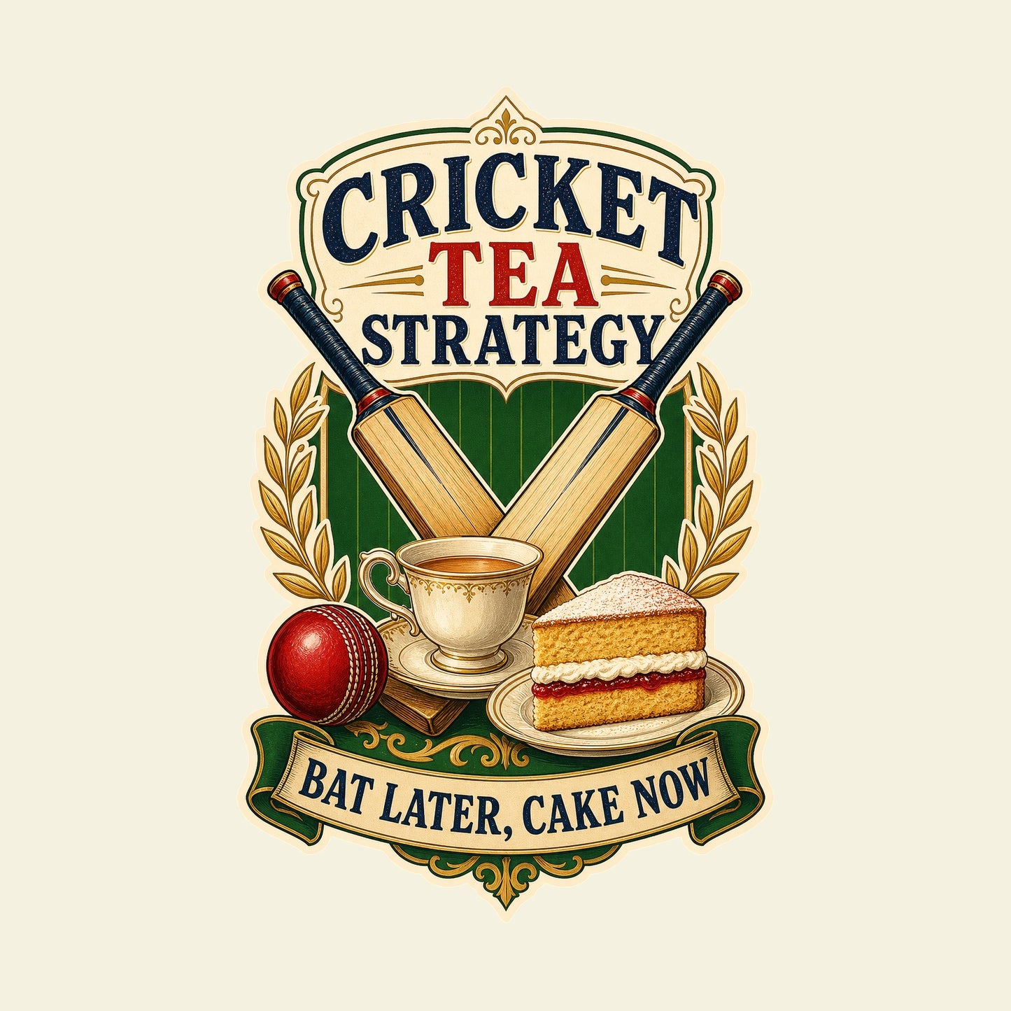 CRICKET TEA STRATEGY BAT LATER, CAKE NOW funny cricket T-shirt artwork