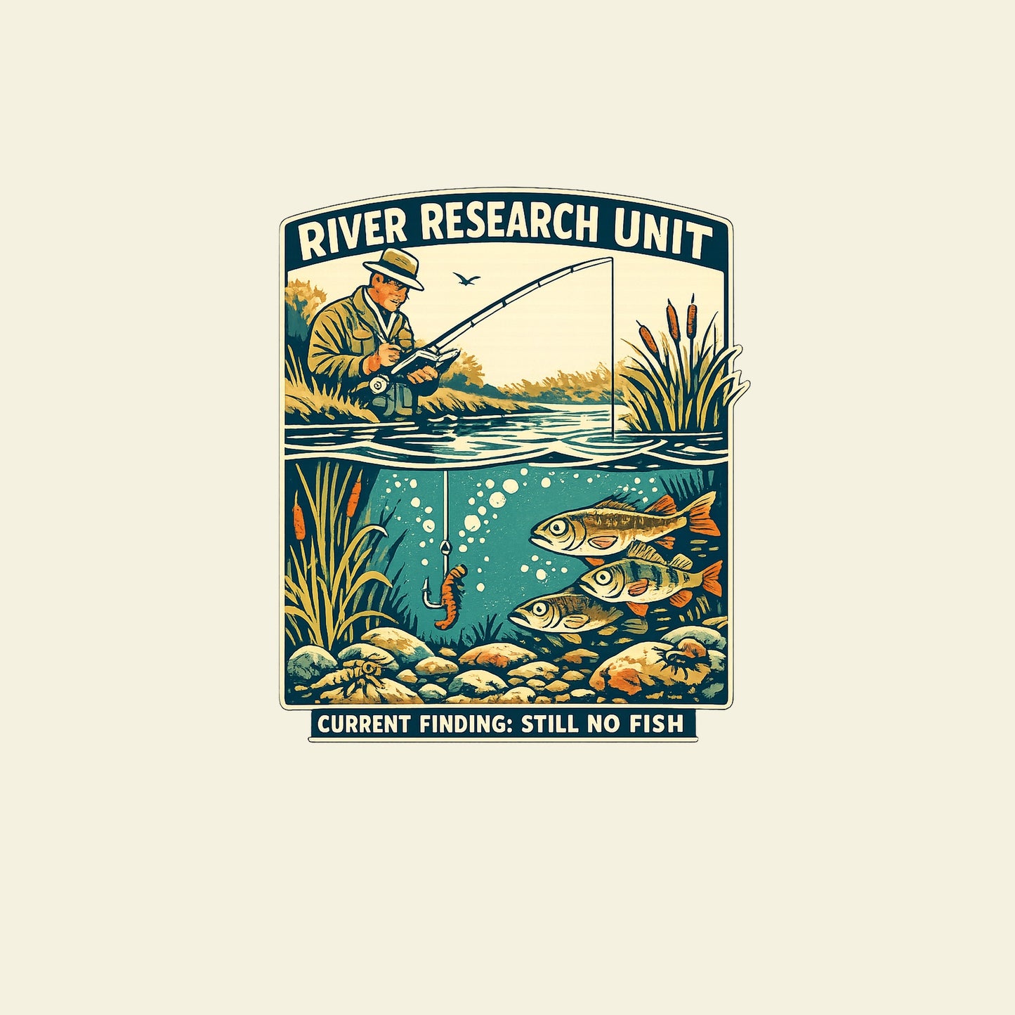 RIVER RESEARCH UNIT CURRENT FINDING: STILL NO FISH funny fishing T-shirt artwork