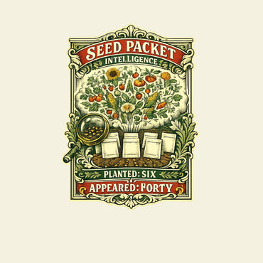 SEED PACKET INTELLIGENCE PLANTED: SIX APPEARED: FORTY funny gardening T-shirt artwork