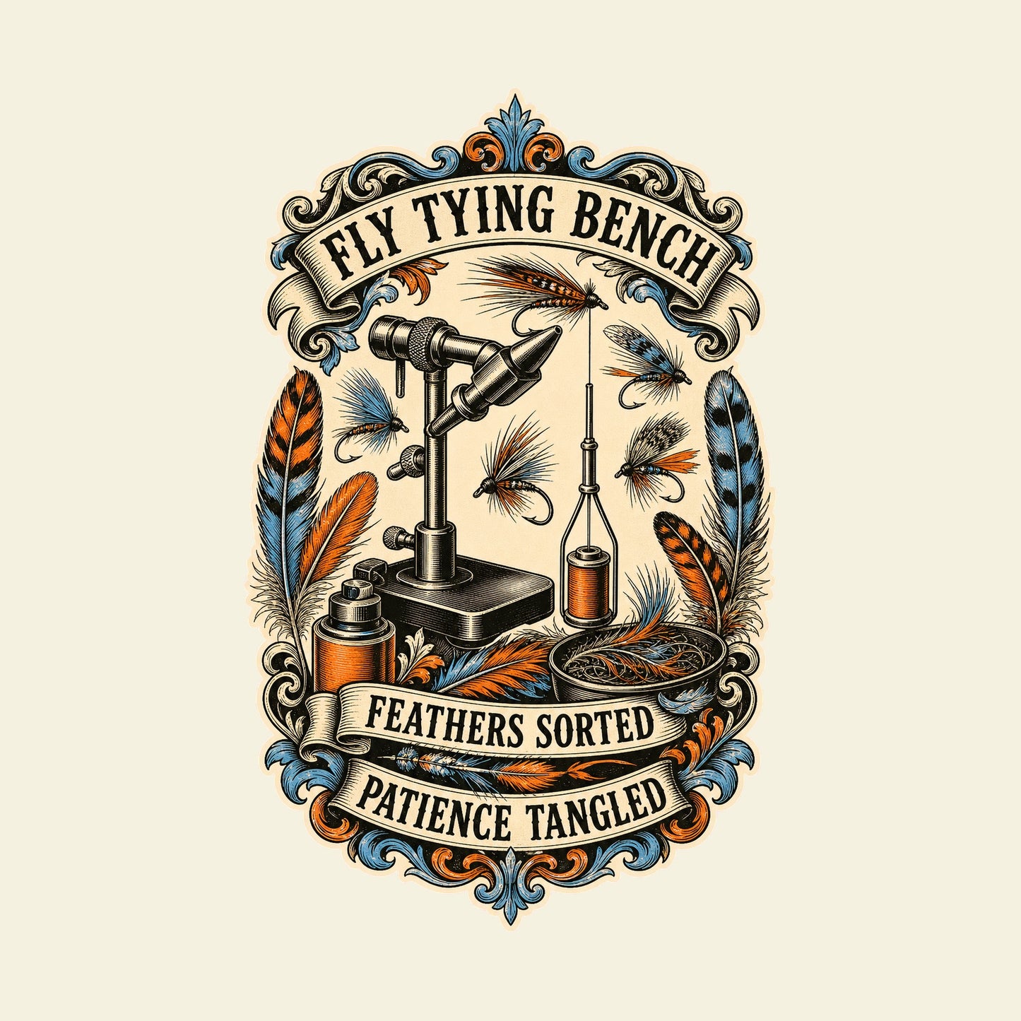 FLY TYING BENCH FEATHERS SORTED PATIENCE TANGLED funny fly fishing T-shirt artwork