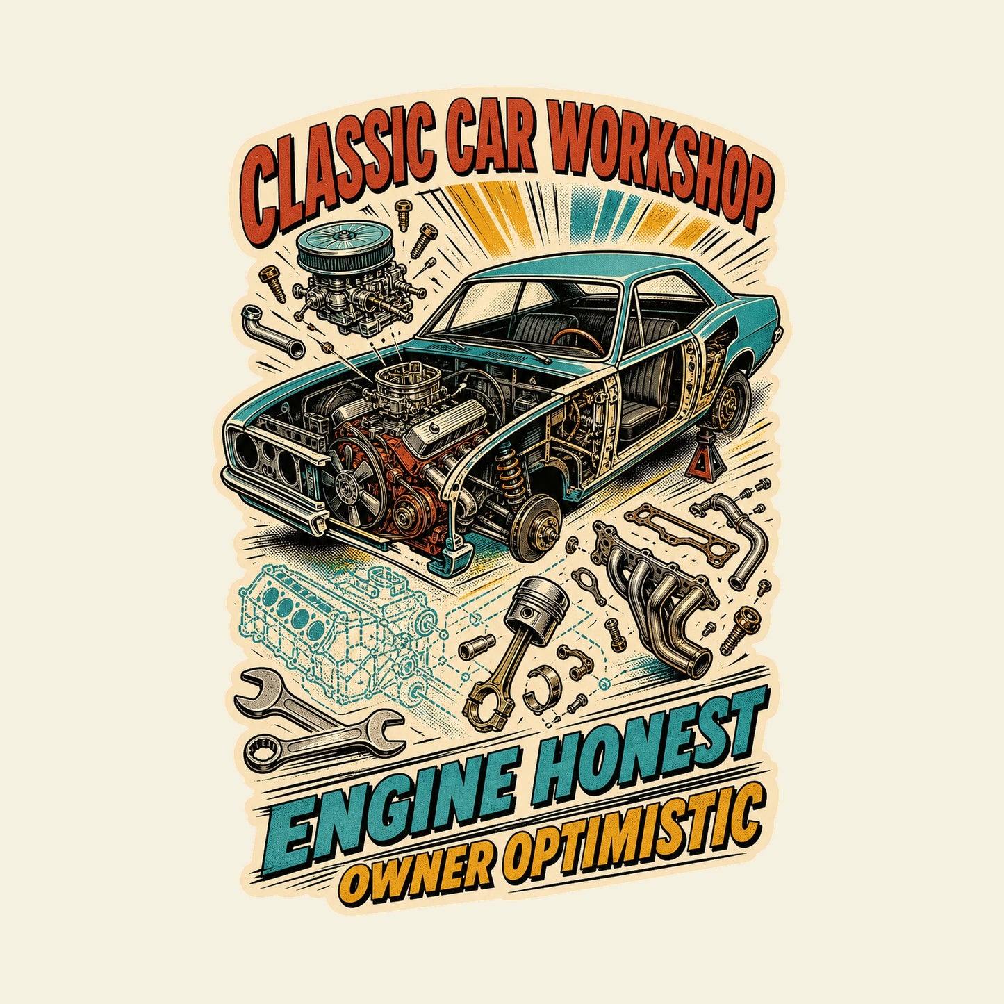 CLASSIC CAR WORKSHOP ENGINE HONEST OWNER OPTIMISTIC funny classic cars T-shirt artwork