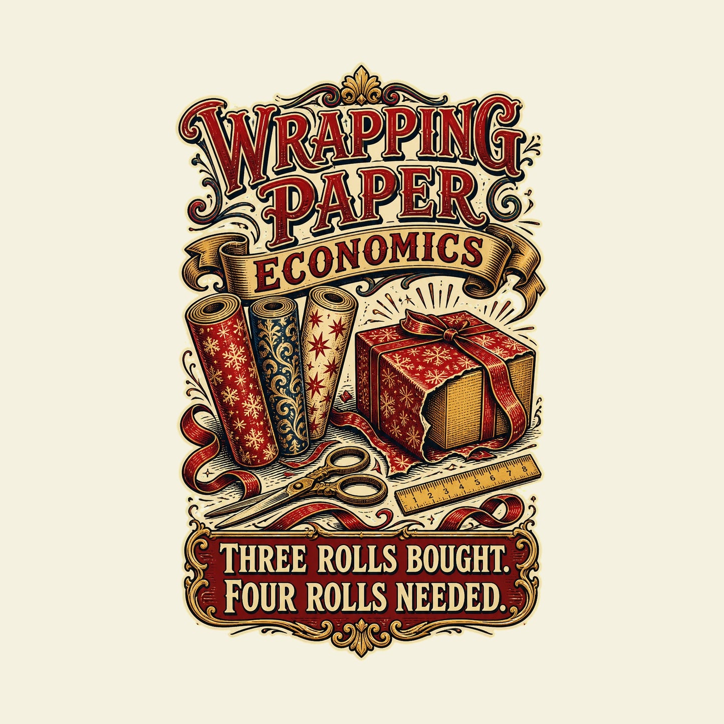 WRAPPING PAPER ECONOMICS THREE ROLLS BOUGHT. FOUR ROLLS NEEDED. funny christmas T-shirt artwork