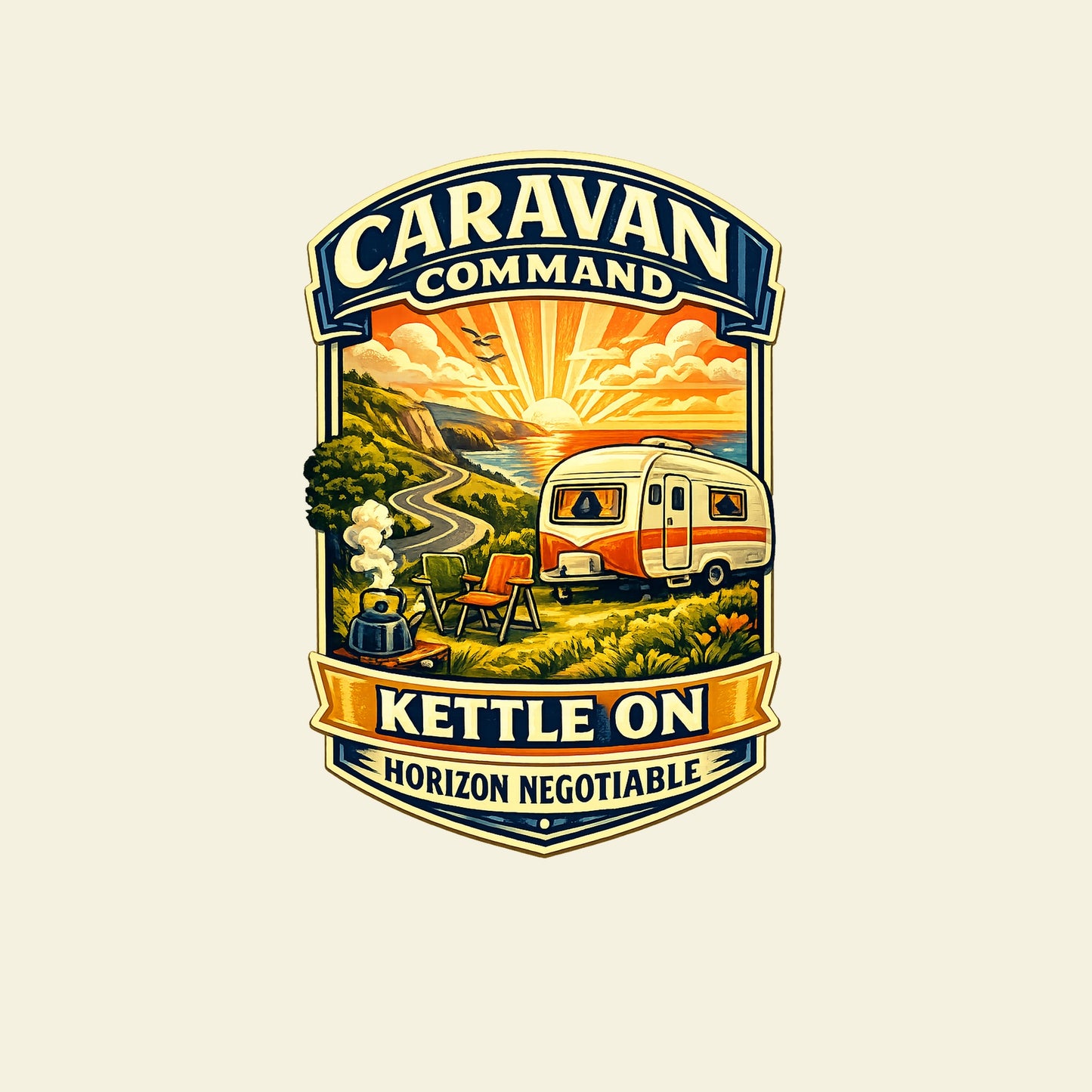 CARAVAN COMMAND KETTLE ON HORIZON NEGOTIABLE funny caravanning T-shirt artwork