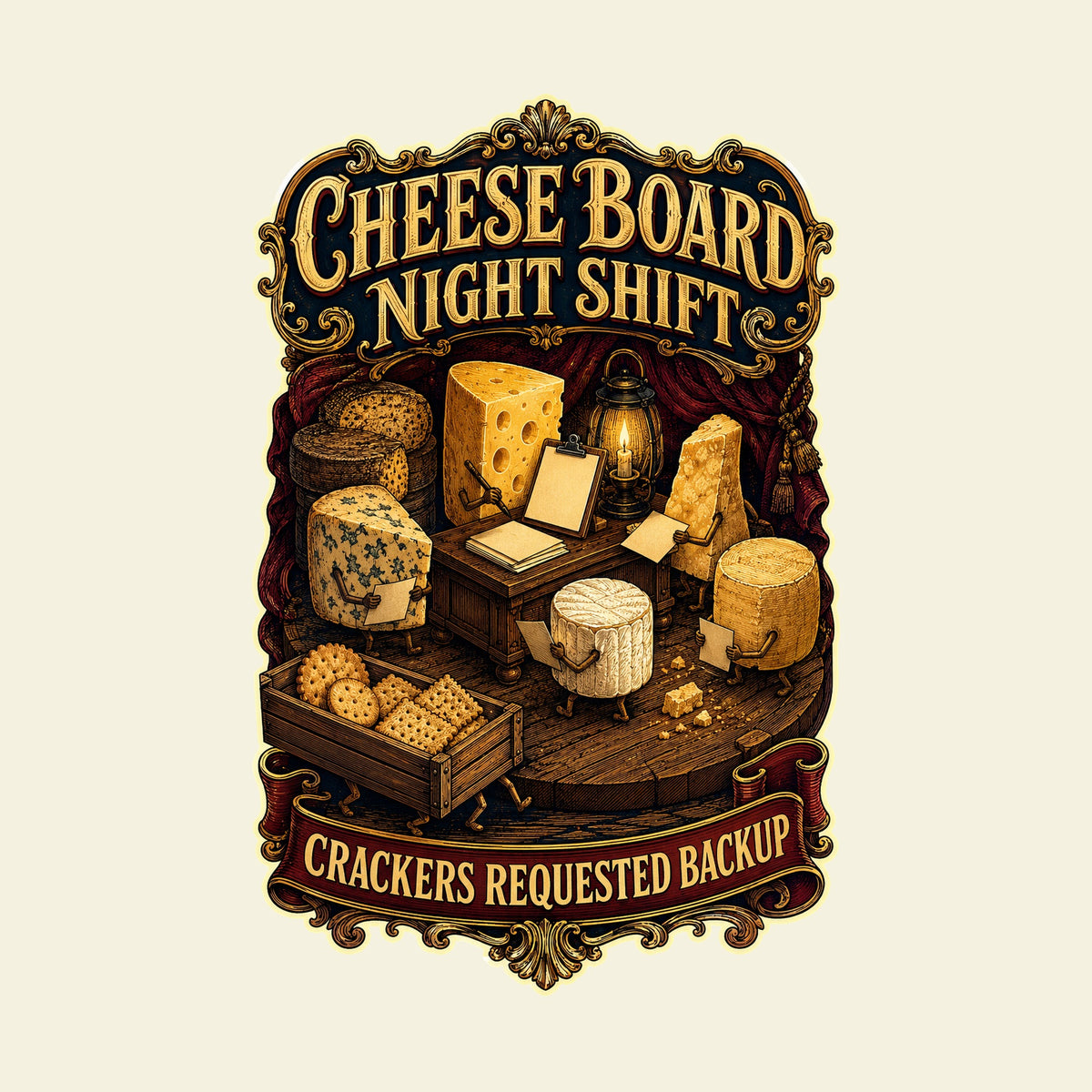 CHEESE BOARD NIGHT SHIFT CRACKERS REQUESTED BACKUP funny cheese T-shirt artwork
