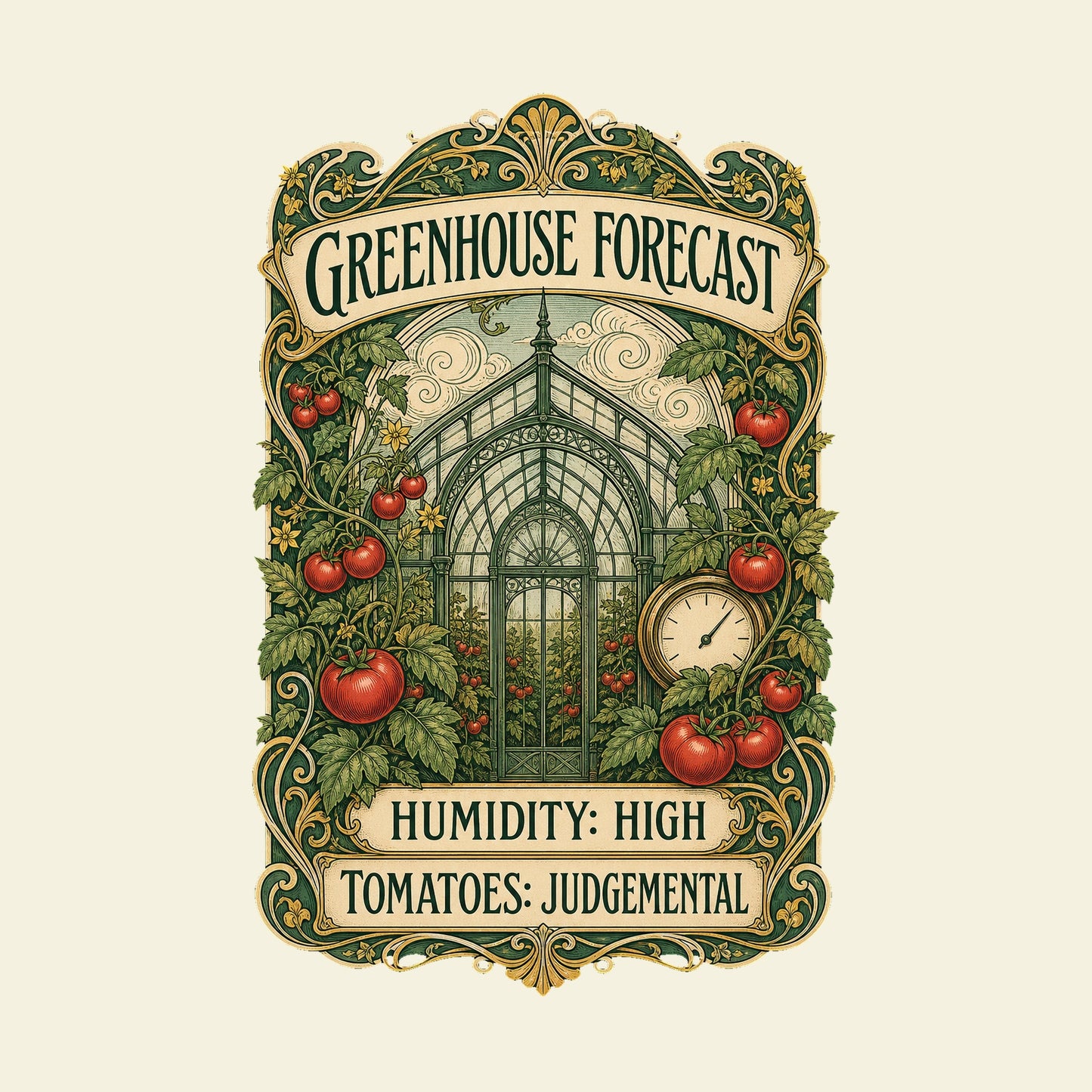 GREENHOUSE FORECAST HUMIDITY: HIGH TOMATOES: JUDGEMENTAL funny gardening T-shirt artwork