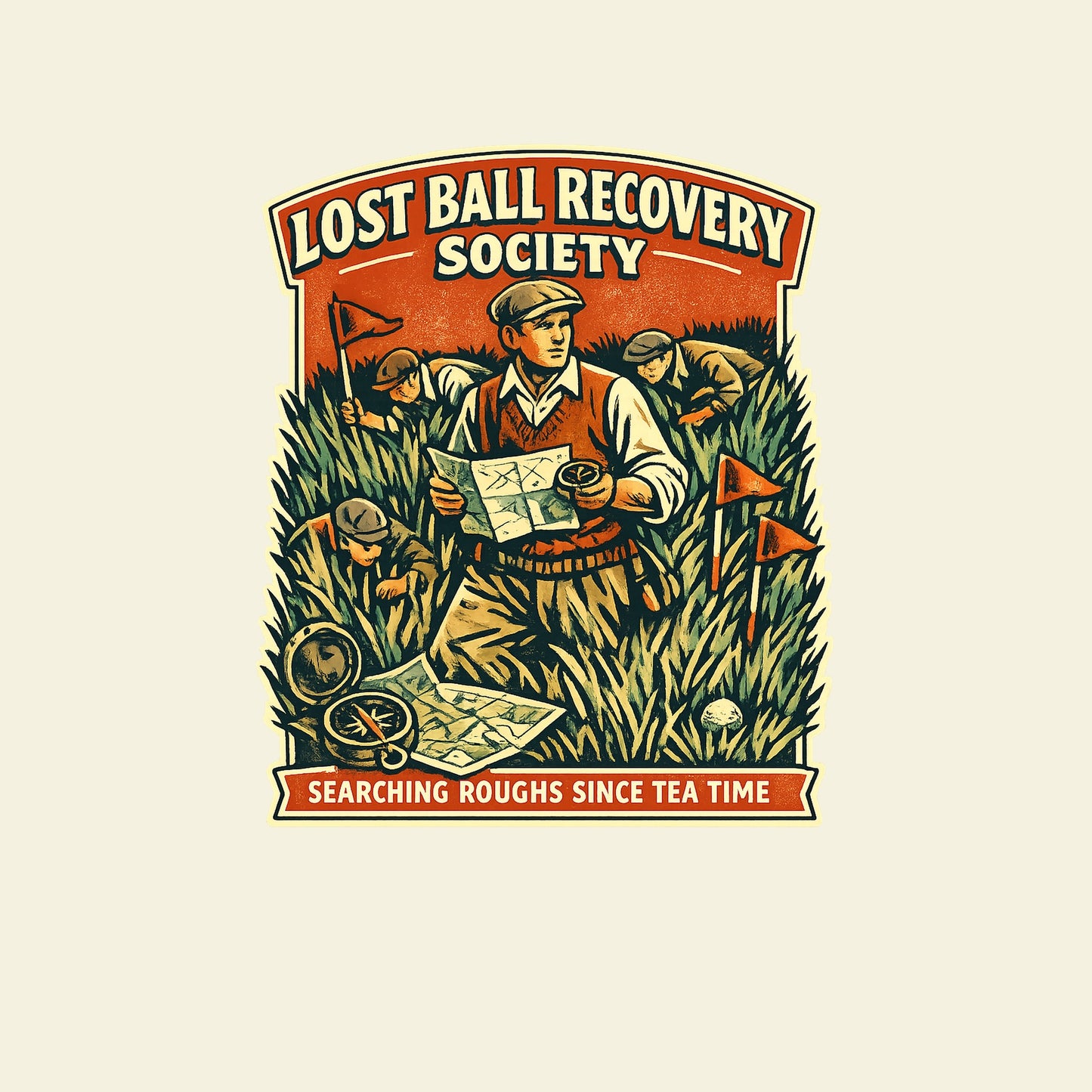 LOST BALL RECOVERY SOCIETY SEARCHING ROUGHS SINCE TEA TIME funny golf T-shirt artwork