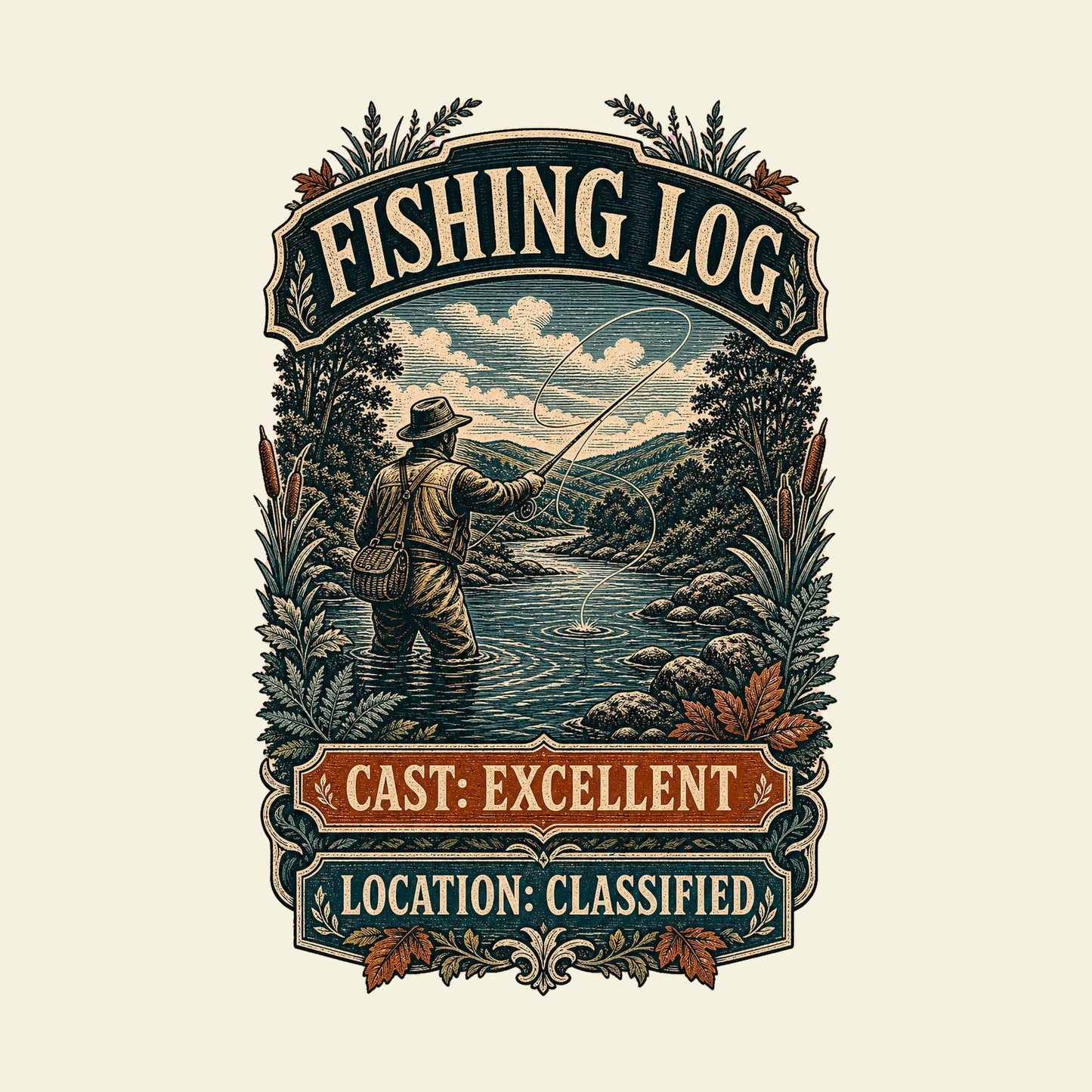 FISHING LOG CAST: EXCELLENT LOCATION: CLASSIFIED funny fishing T-shirt artwork