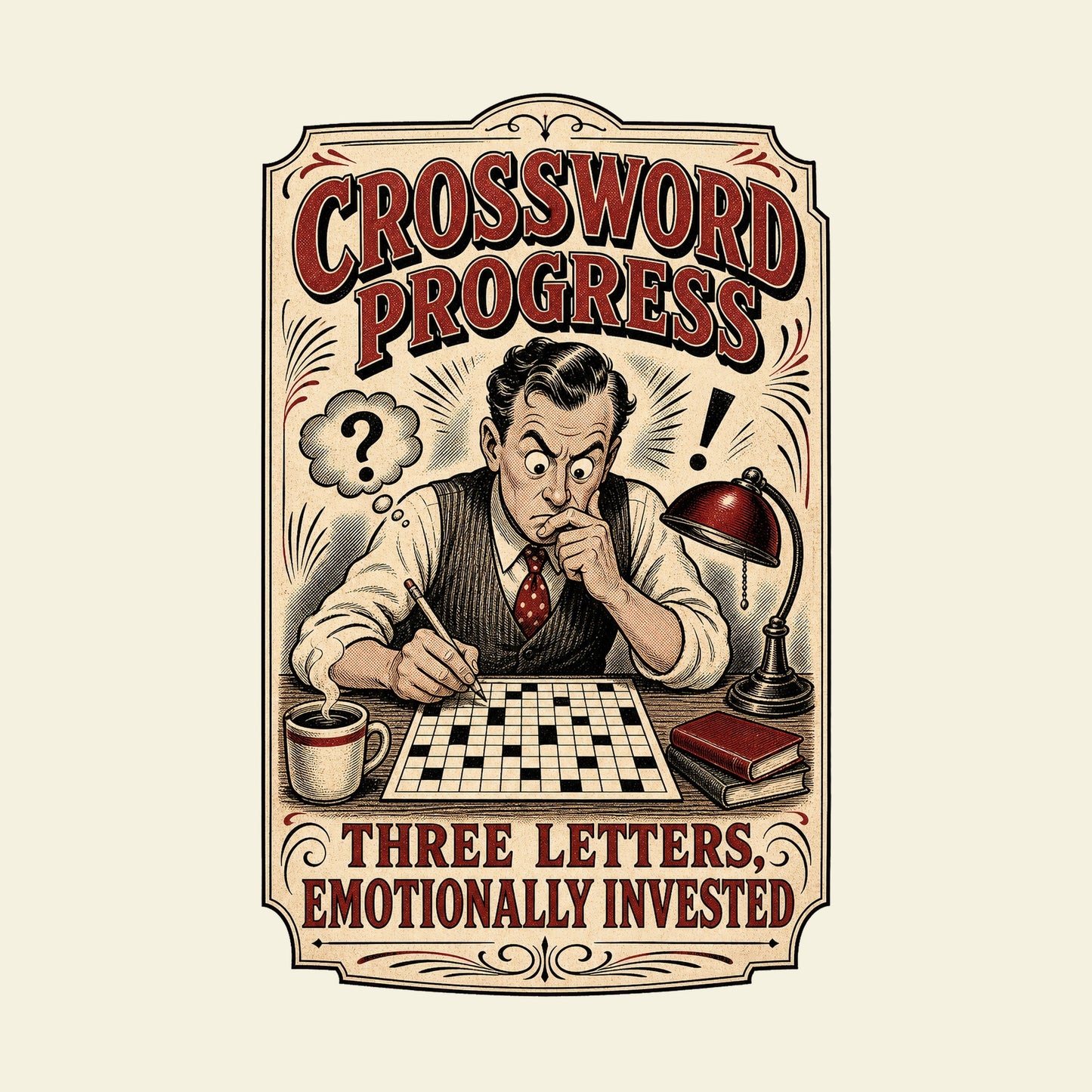CROSSWORD PROGRESS THREE LETTERS, EMOTIONALLY INVESTED funny crossword T-shirt artwork