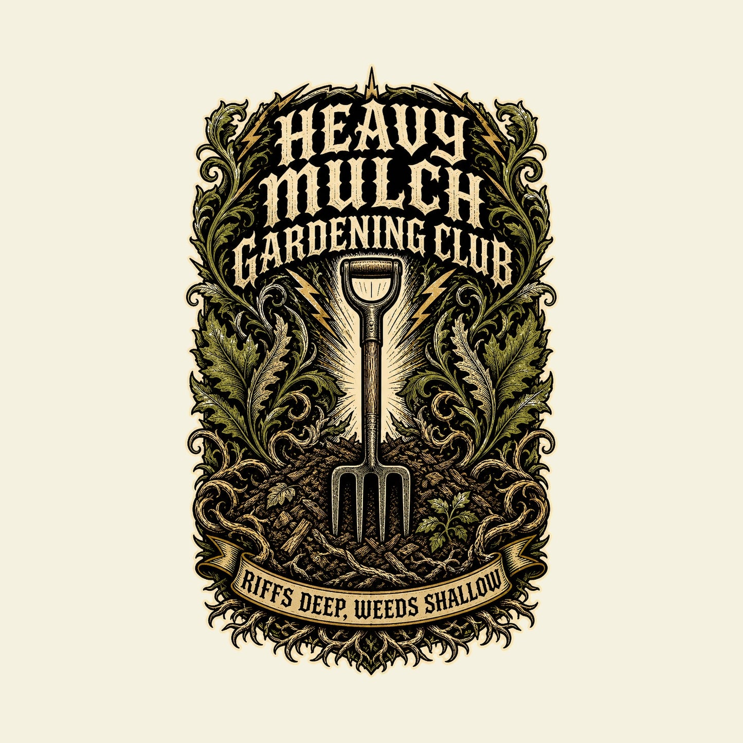 HEAVY MULCH GARDENING CLUB RIFFS DEEP, WEEDS SHALLOW funny gardening T-shirt artwork