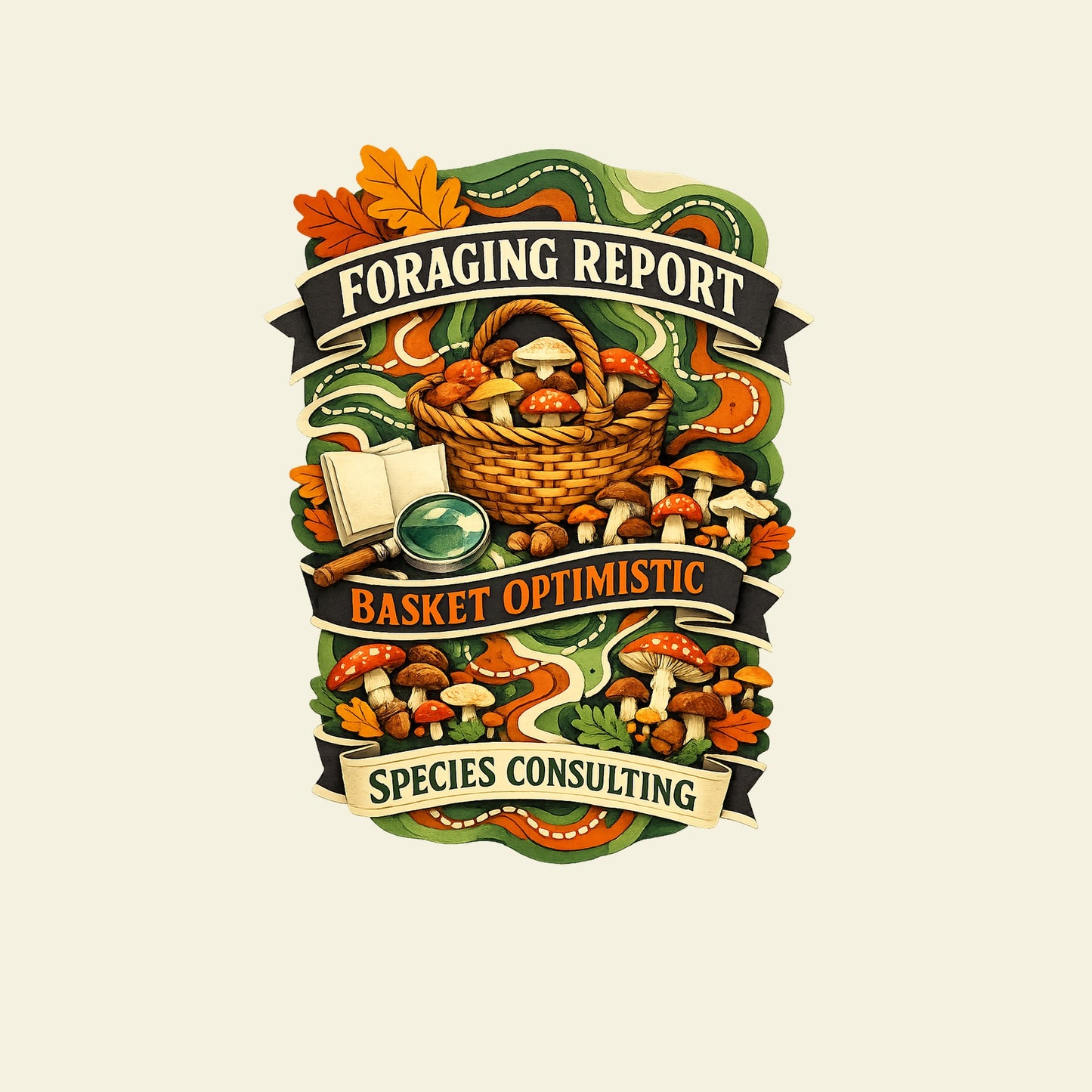 FORAGING REPORT BASKET OPTIMISTIC SPECIES CONSULTING funny mushroom foraging T-shirt artwork