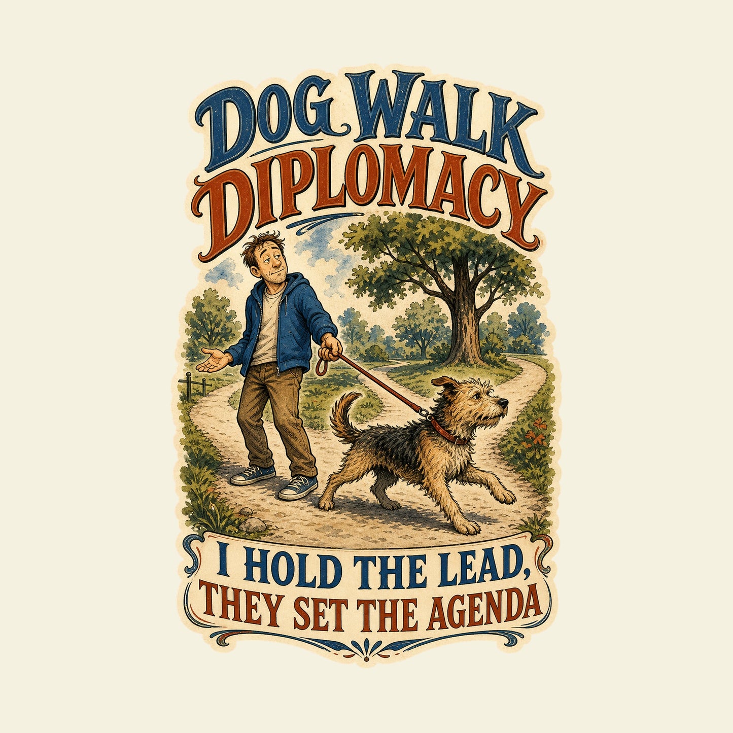 DOG WALK DIPLOMACY I HOLD THE LEAD, THEY SET THE AGENDA funny dog walking T-shirt artwork