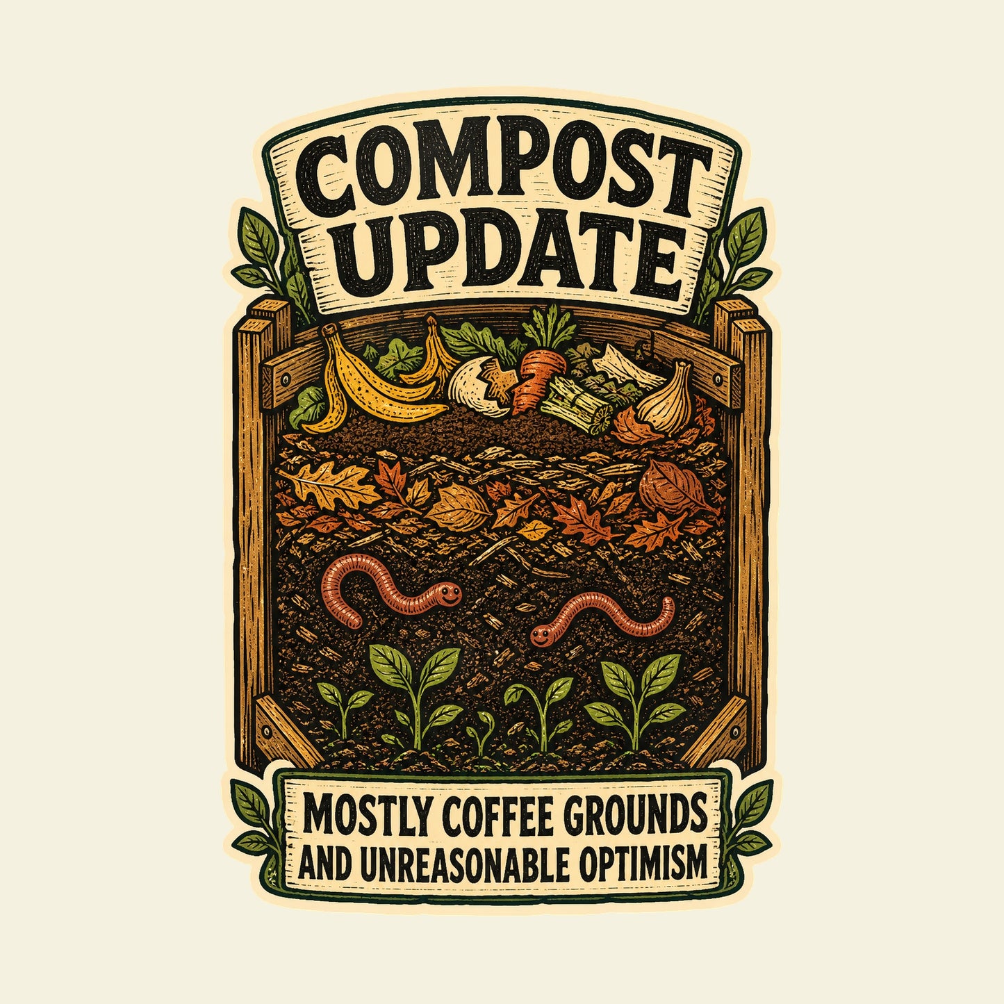 COMPOST UPDATE MOSTLY COFFEE GROUNDS AND UNREASONABLE OPTIMISM funny composting and gardening T-shirt artwork