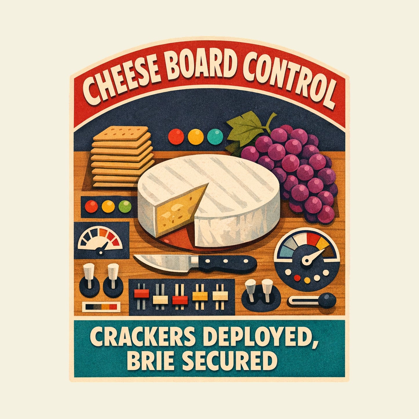 CHEESE BOARD CONTROL CRACKERS DEPLOYED, BRIE SECURED funny cheese T-shirt artwork