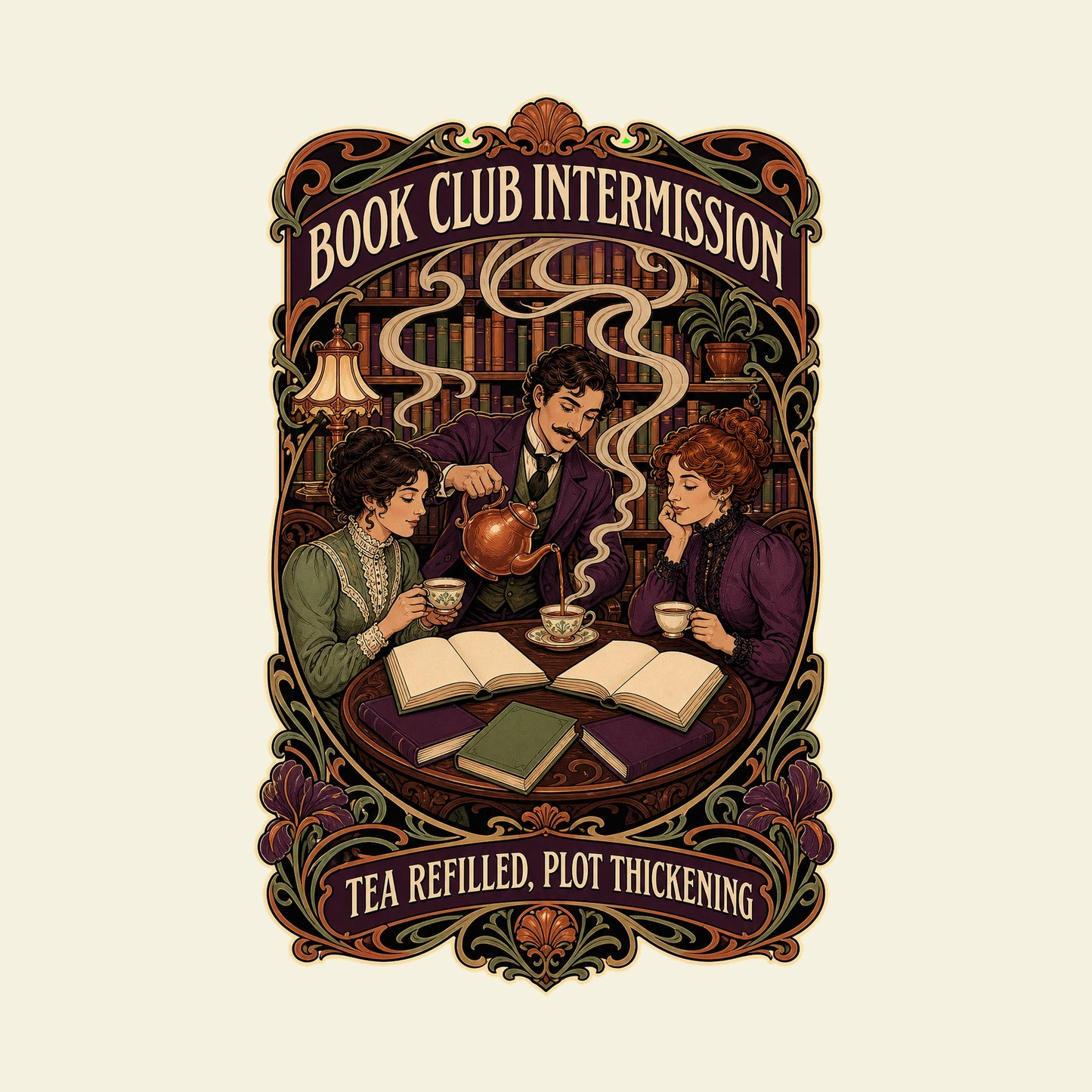 BOOK CLUB INTERMISSION TEA REFILLED, PLOT THICKENING funny reading T-shirt artwork