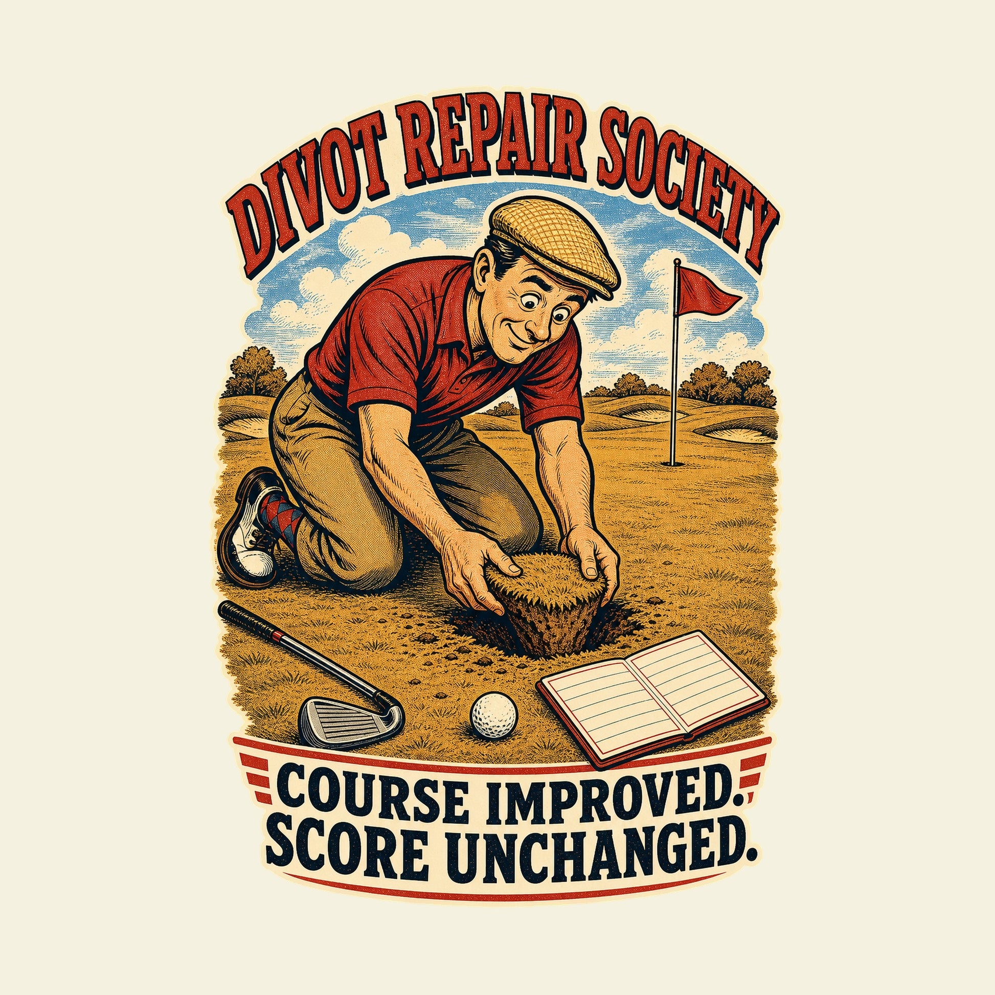 DIVOT REPAIR SOCIETY COURSE IMPROVED. SCORE UNCHANGED. funny golf T-shirt artwork