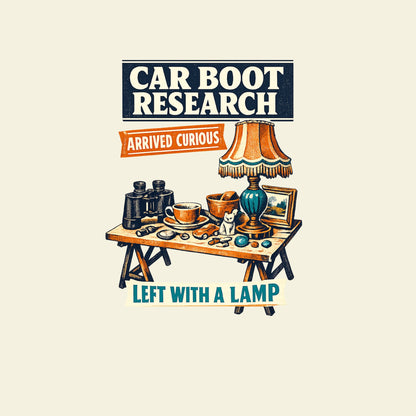 CAR BOOT RESEARCH ARRIVED CURIOUS LEFT WITH A LAMP funny car boot treasure hunting T-shirt artwork