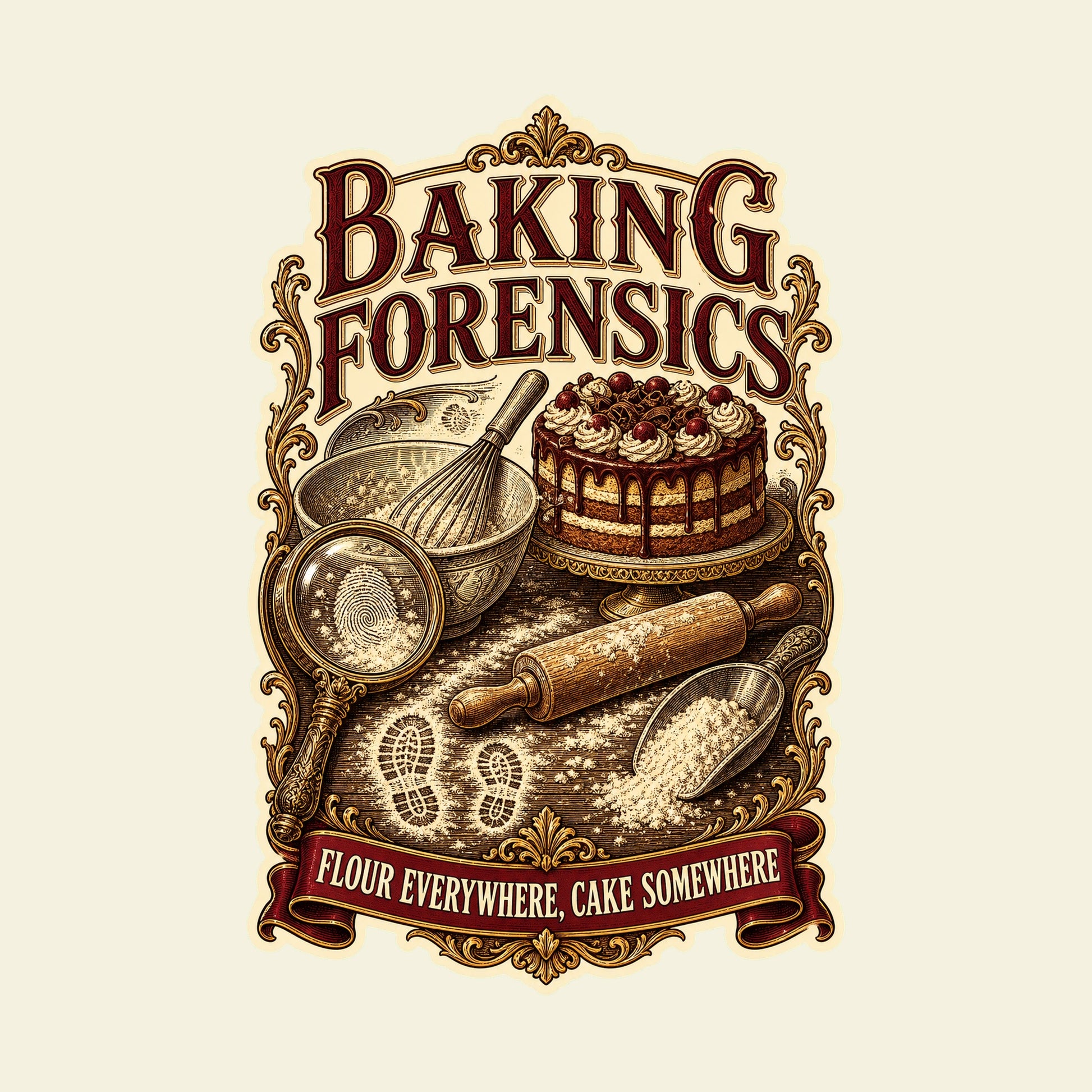 BAKING FORENSICS FLOUR EVERYWHERE, CAKE SOMEWHERE funny baking T-shirt artwork