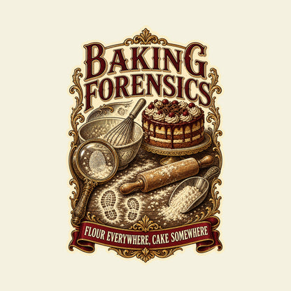 BAKING FORENSICS FLOUR EVERYWHERE, CAKE SOMEWHERE funny baking T-shirt artwork