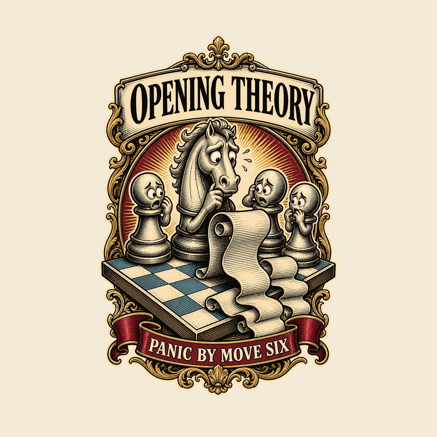OPENING THEORY PANIC BY MOVE SIX funny chess T-shirt artwork