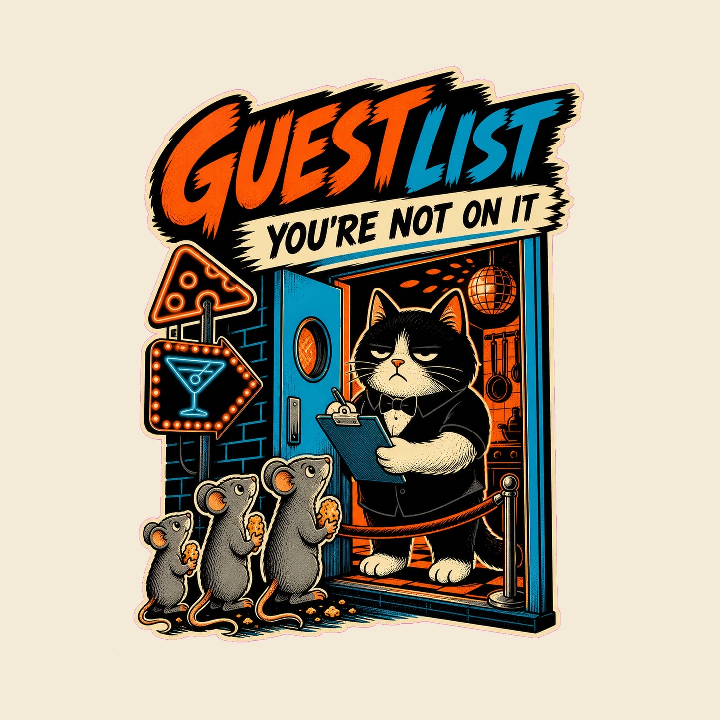 GUEST LIST YOU'RE NOT ON IT funny cats T-shirt artwork