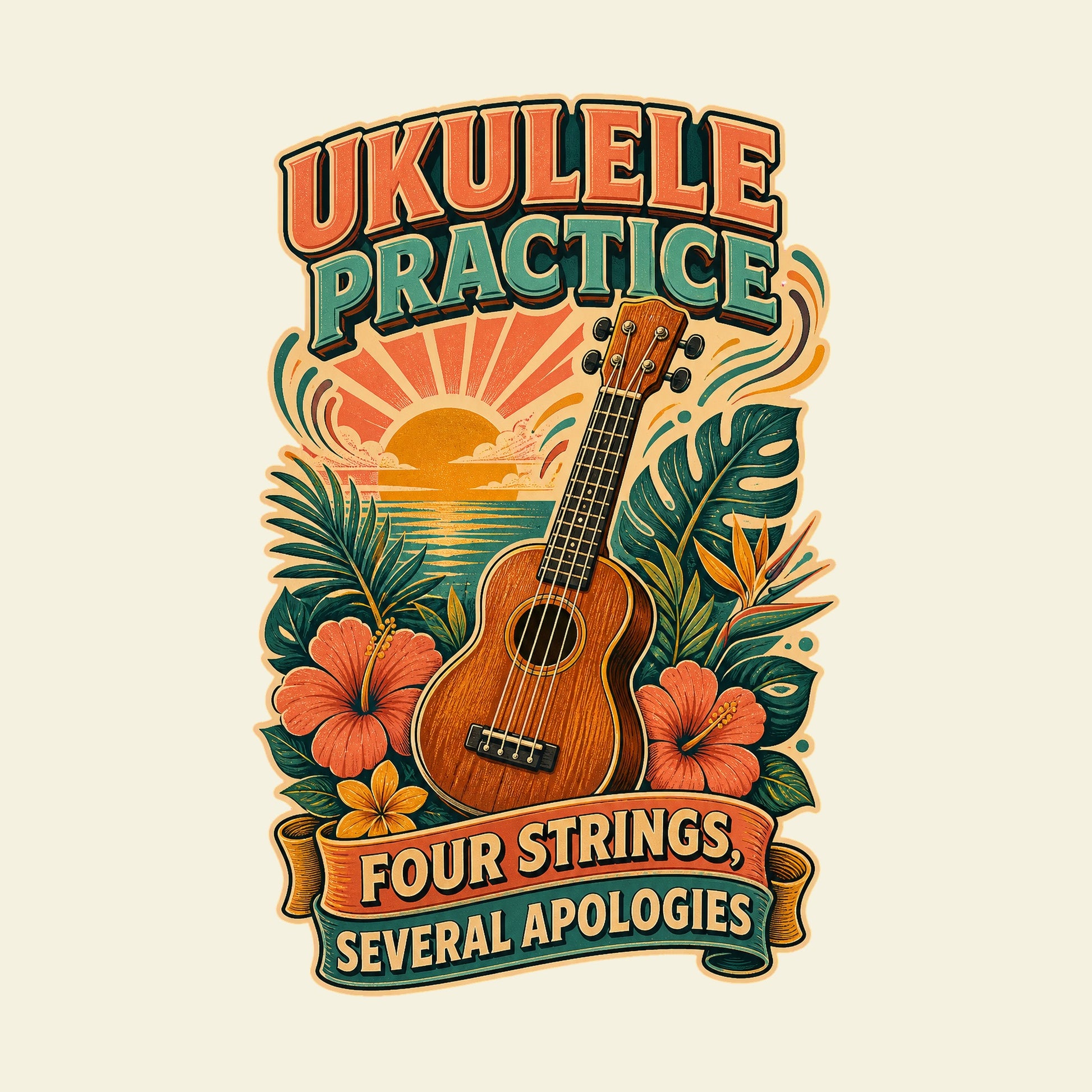 UKULELE PRACTICE FOUR STRINGS, SEVERAL APOLOGIES funny ukulele T-shirt artwork