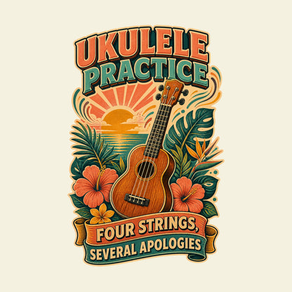 UKULELE PRACTICE FOUR STRINGS, SEVERAL APOLOGIES funny ukulele T-shirt artwork