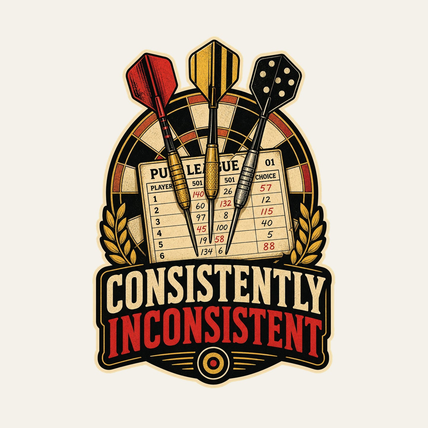 Consistently Inconsistent funny darts T-shirt artwork