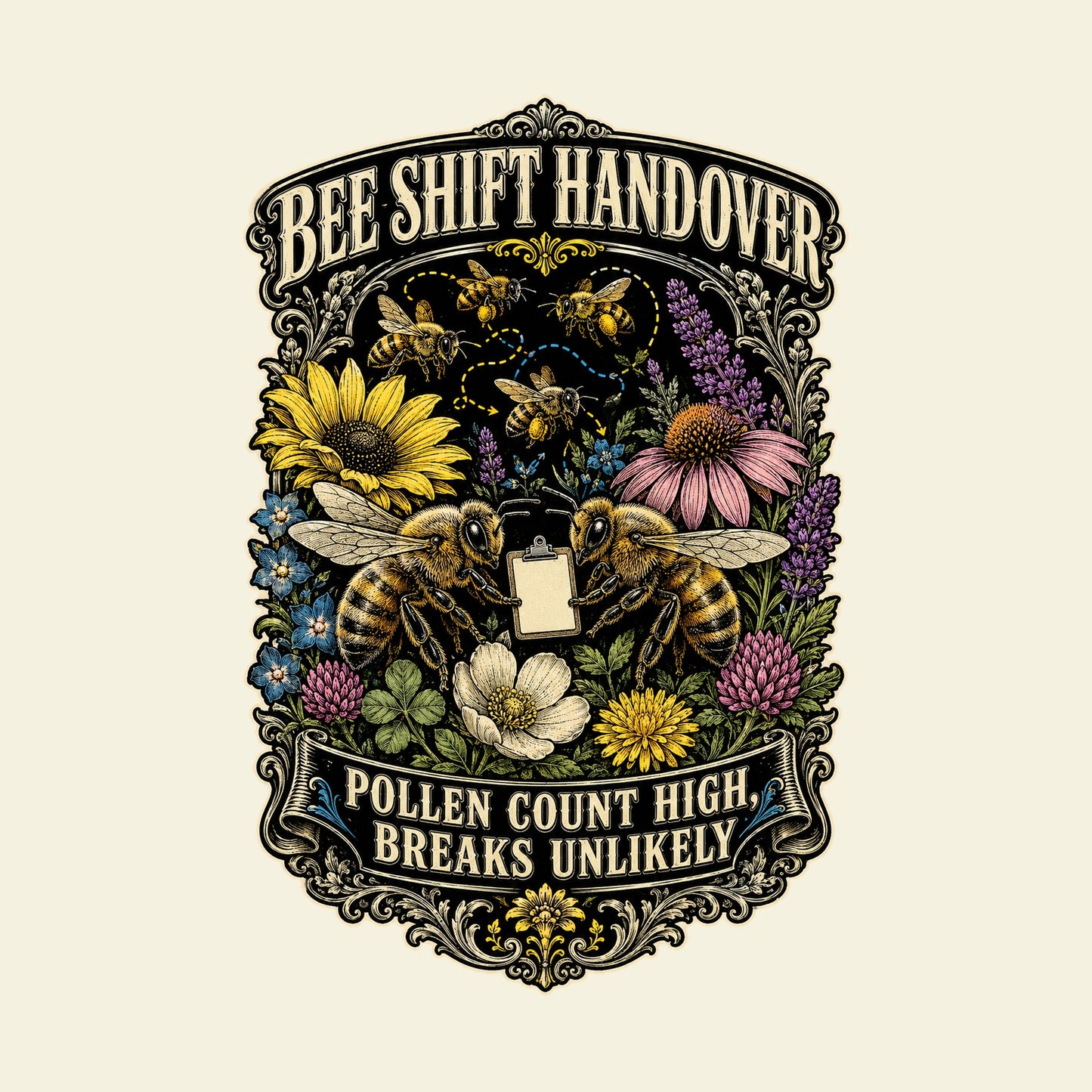 BEE SHIFT HANDOVER POLLEN COUNT HIGH, BREAKS UNLIKELY funny gardening T-shirt artwork