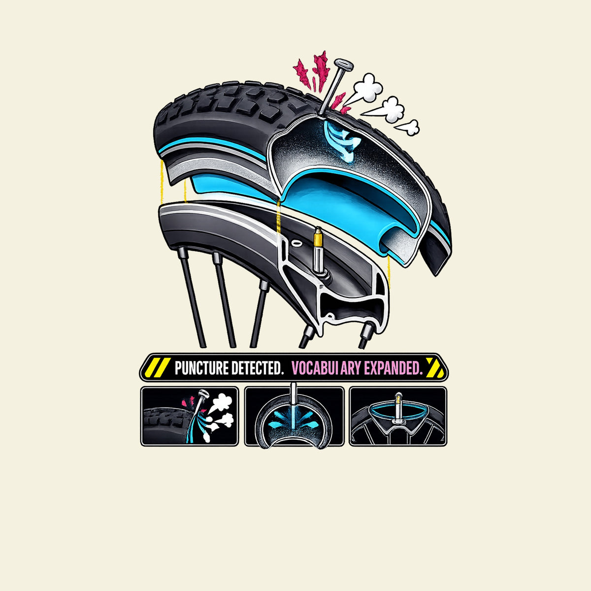 PUNCTURE DETECTED. VOCABULARY EXPANDED. funny cycling T-shirt artwork