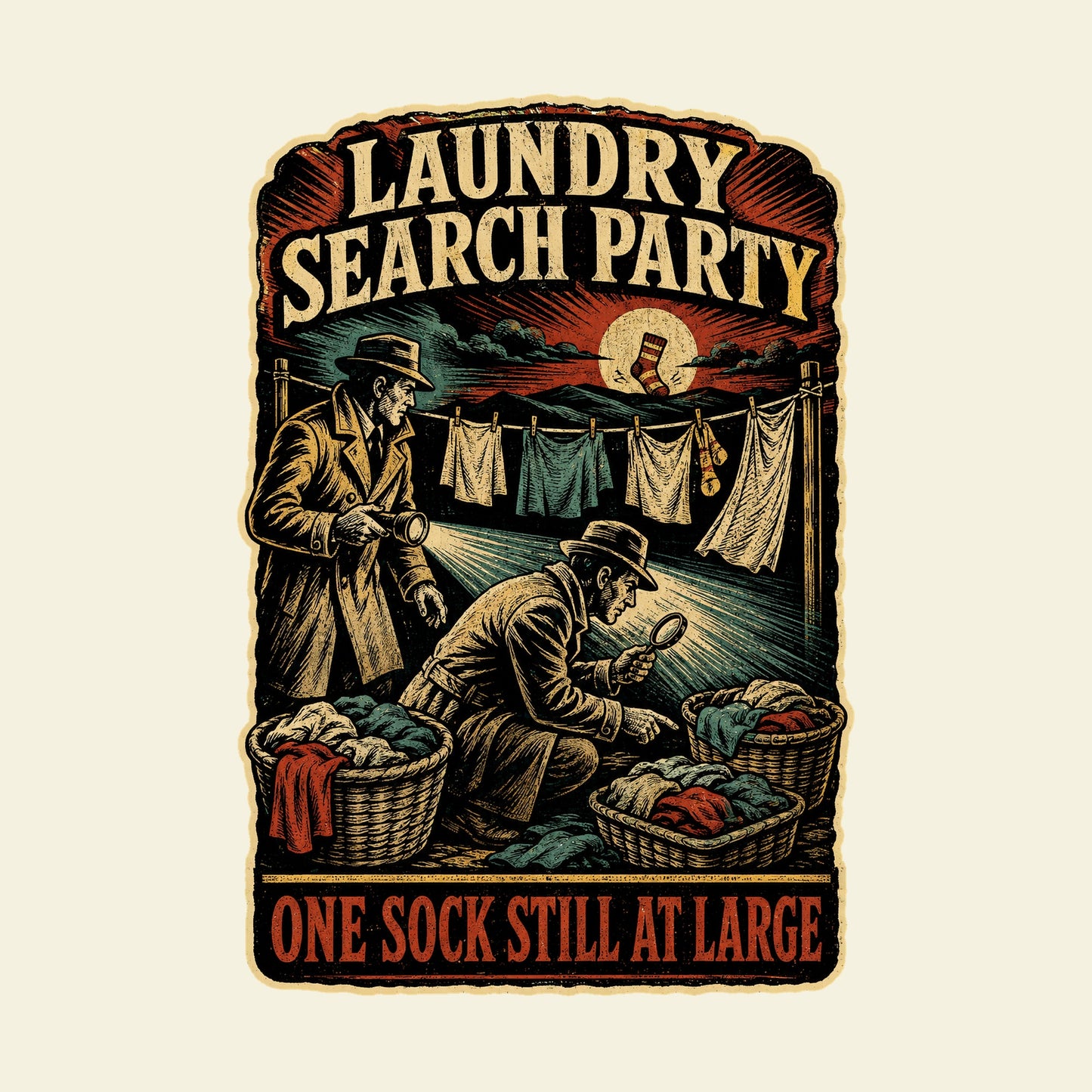 LAUNDRY SEARCH PARTY ONE SOCK STILL AT LARGE funny laundry T-shirt artwork