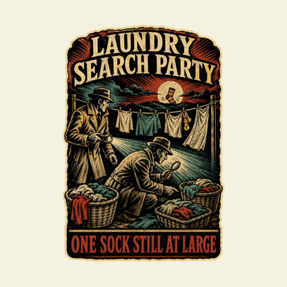 LAUNDRY SEARCH PARTY ONE SOCK STILL AT LARGE funny laundry T-shirt artwork