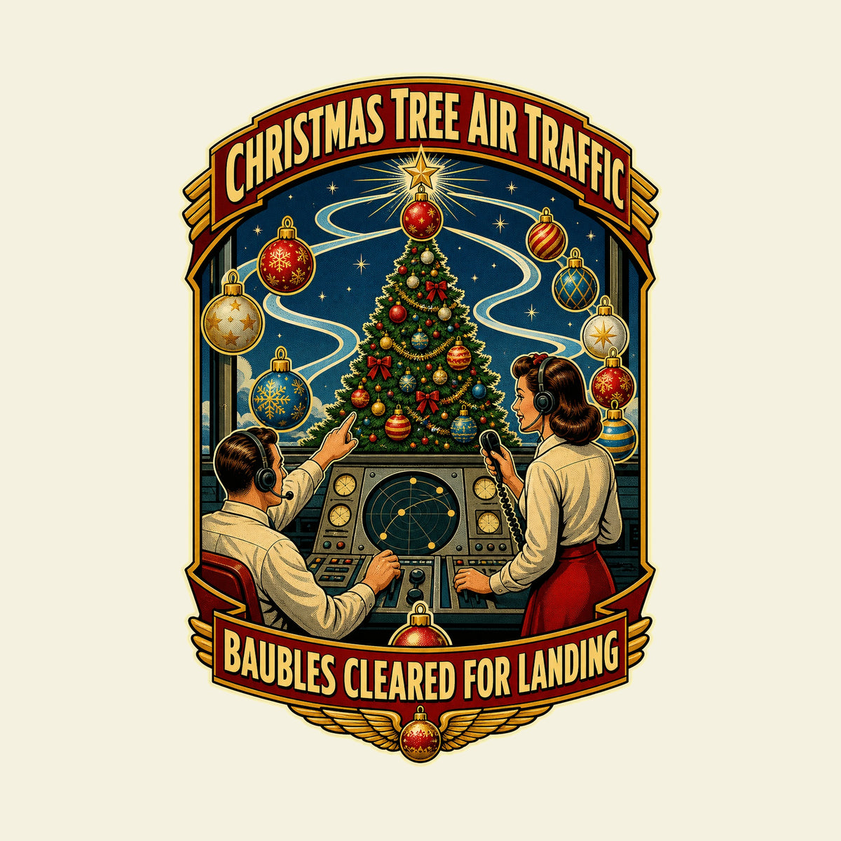 CHRISTMAS TREE AIR TRAFFIC BAUBLES CLEARED FOR LANDING funny christmas T-shirt artwork