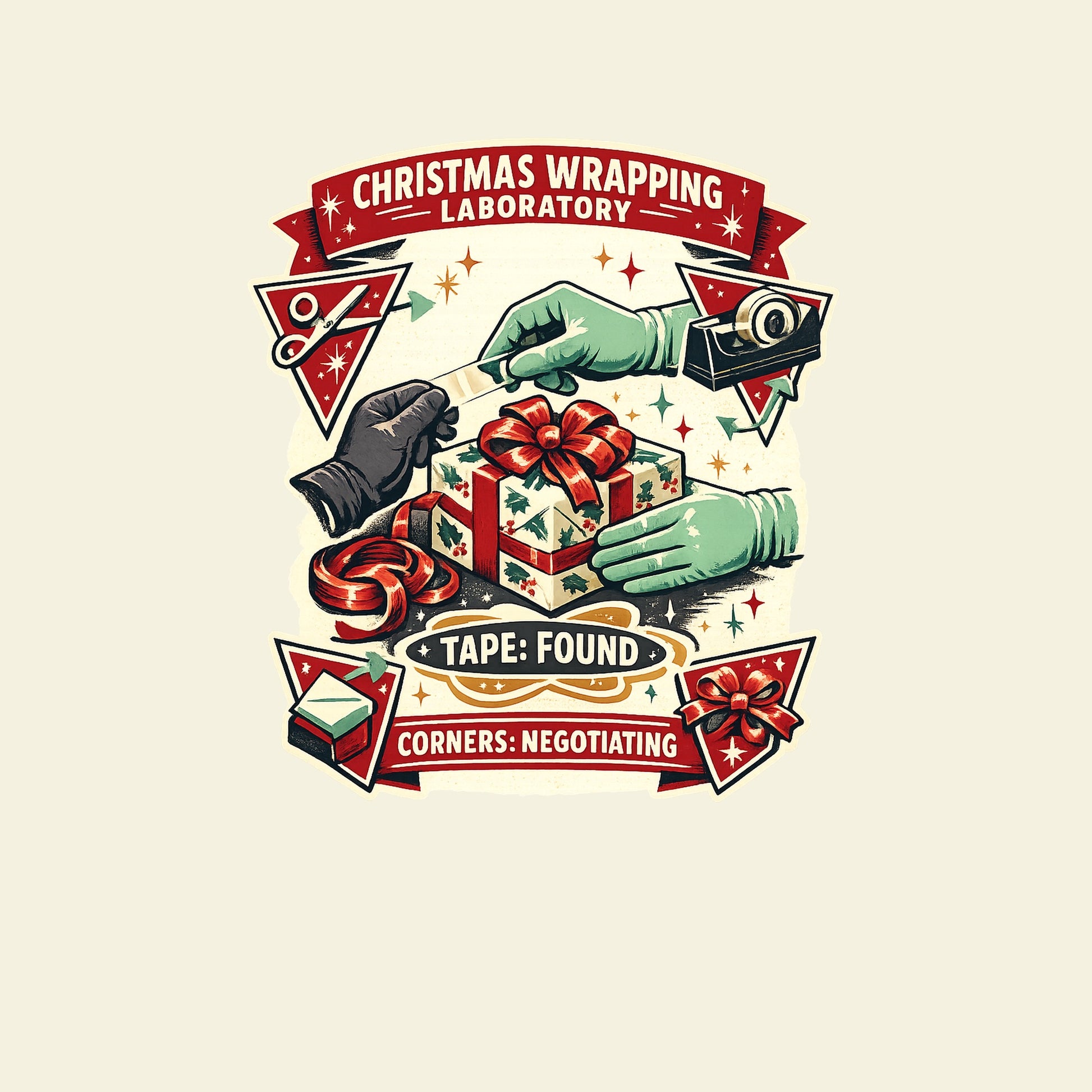 CHRISTMAS WRAPPING LABORATORY TAPE: FOUND CORNERS: NEGOTIATING funny christmas T-shirt artwork
