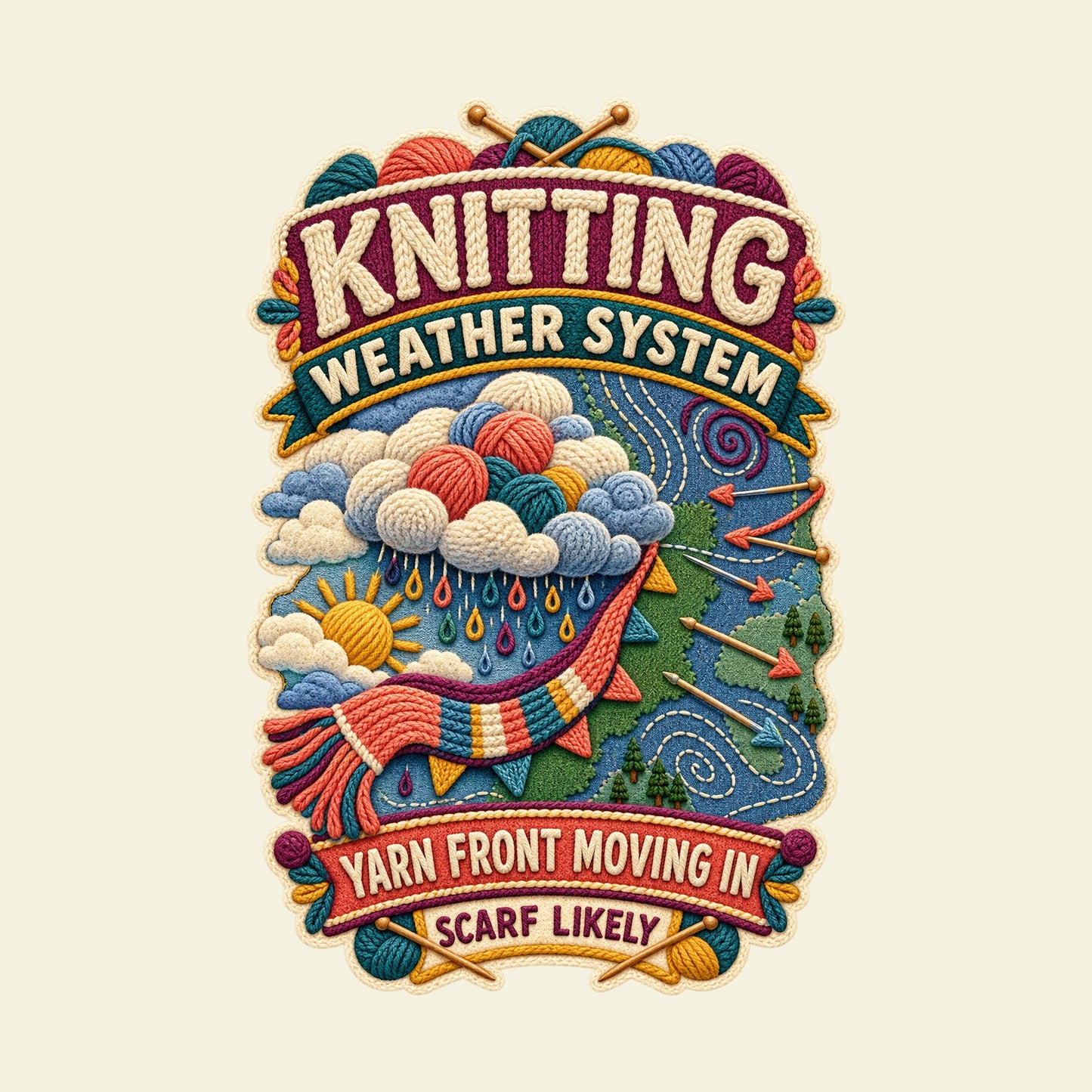 KNITTING WEATHER SYSTEM YARN FRONT MOVING IN SCARF LIKELY funny knitting T-shirt artwork