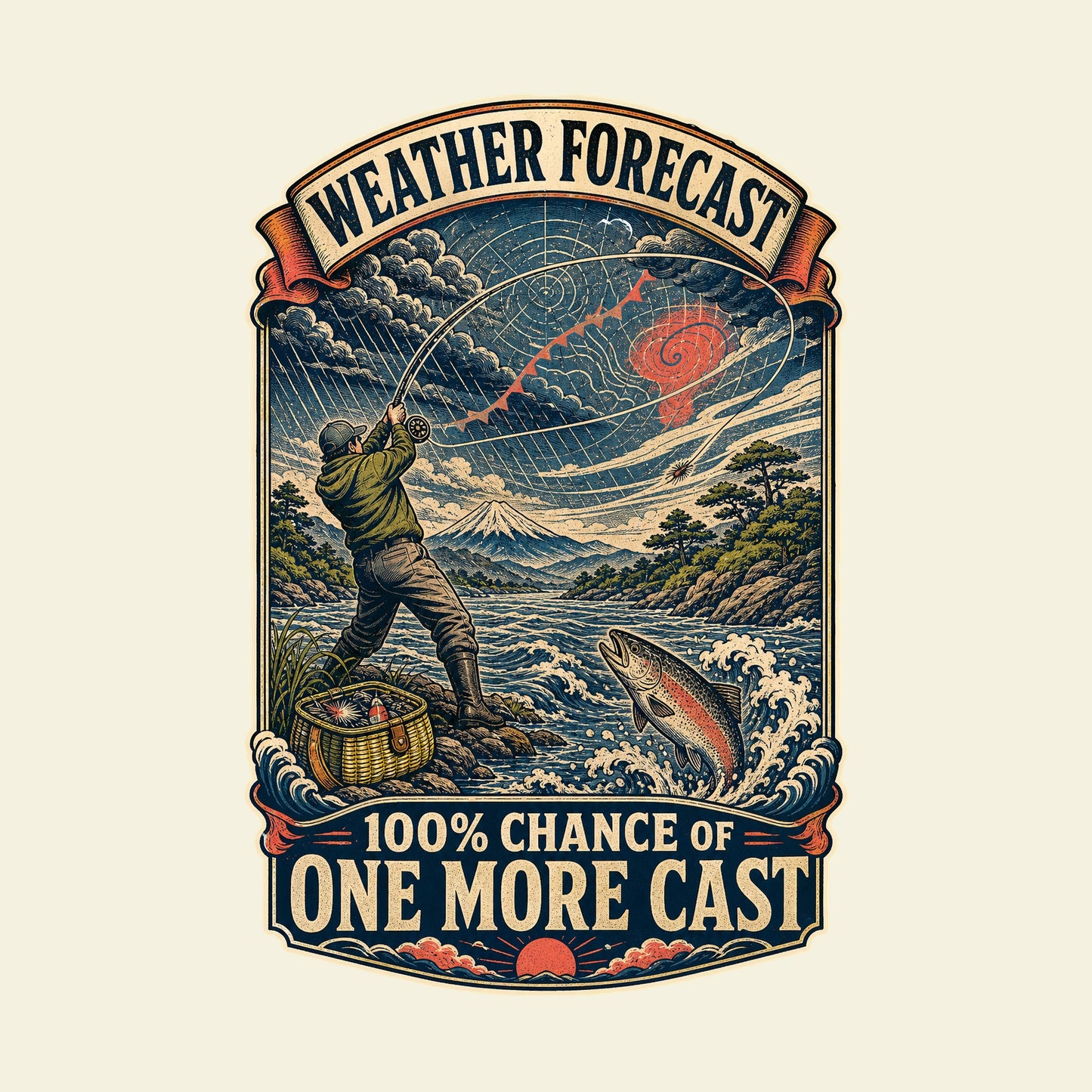WEATHER FORECAST 100% CHANCE OF ONE MORE CAST funny fishing T-shirt artwork