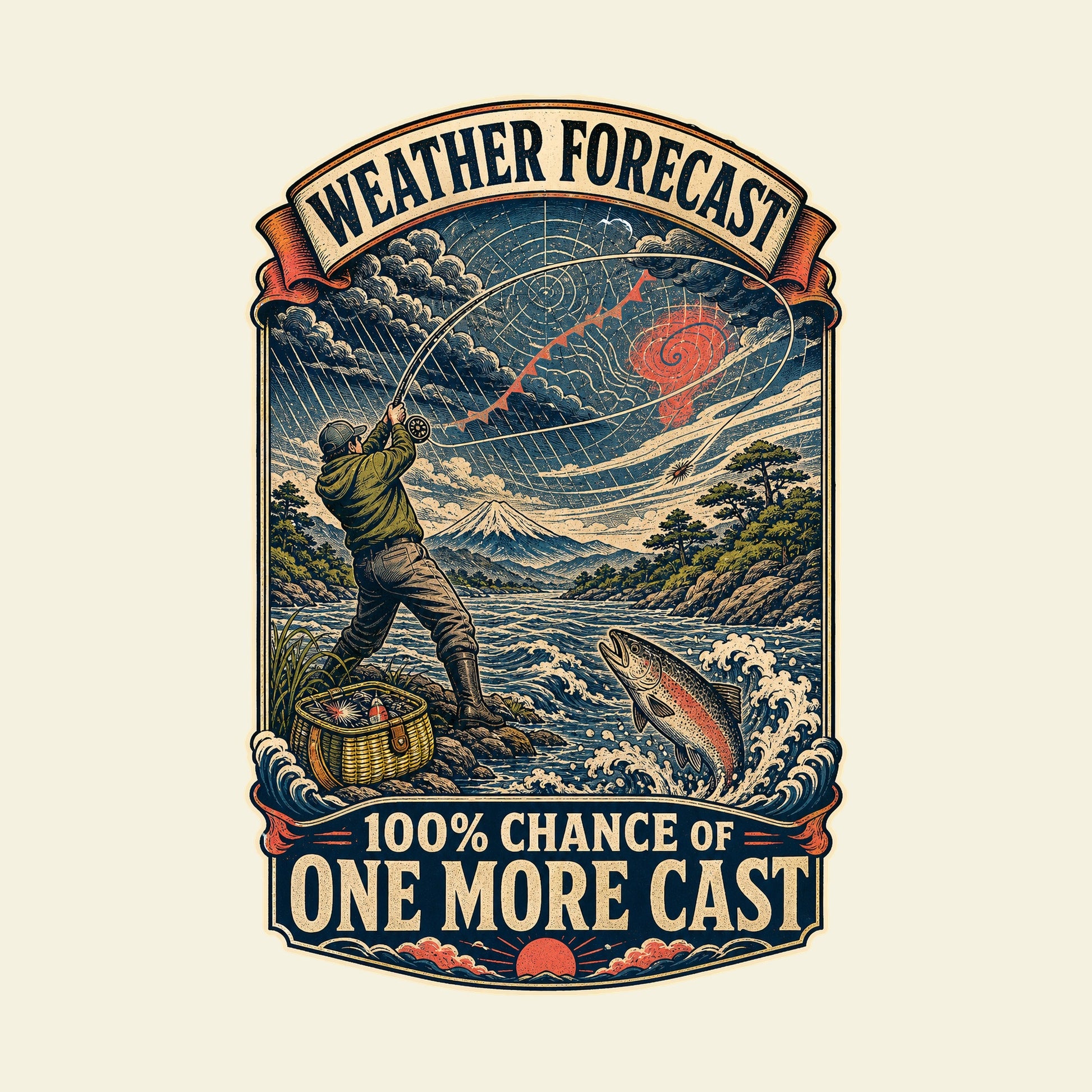 WEATHER FORECAST 100% CHANCE OF ONE MORE CAST funny fishing T-shirt artwork