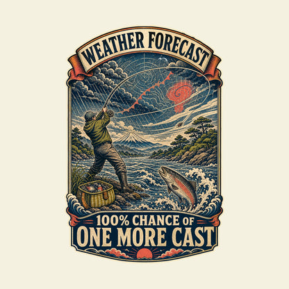 WEATHER FORECAST 100% CHANCE OF ONE MORE CAST funny fishing T-shirt artwork