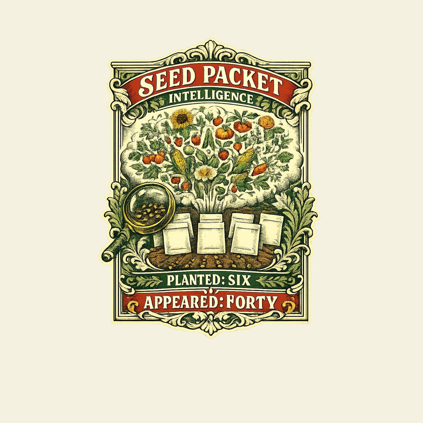 SEED PACKET INTELLIGENCE PLANTED: SIX APPEARED: FORTY funny gardening T-shirt artwork