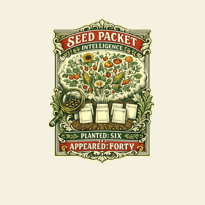 SEED PACKET INTELLIGENCE PLANTED: SIX APPEARED: FORTY funny gardening T-shirt artwork