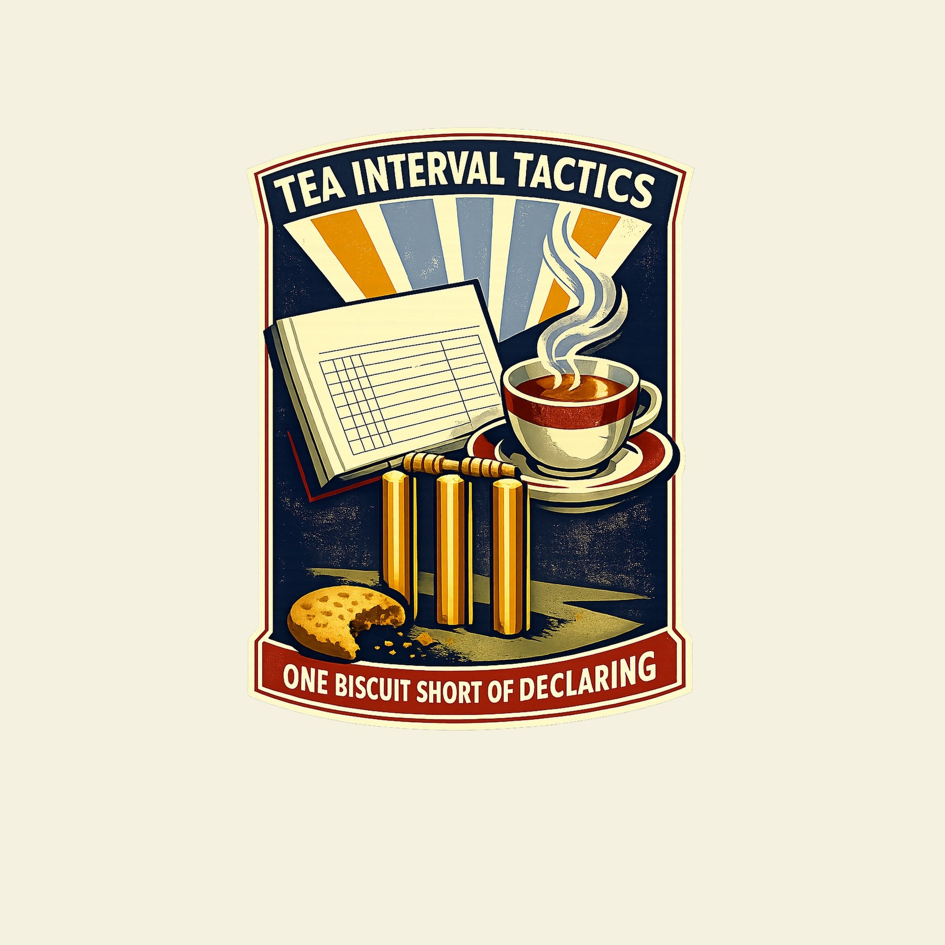 TEA INTERVAL TACTICS ONE BISCUIT SHORT OF DECLARING funny cricket T-shirt artwork