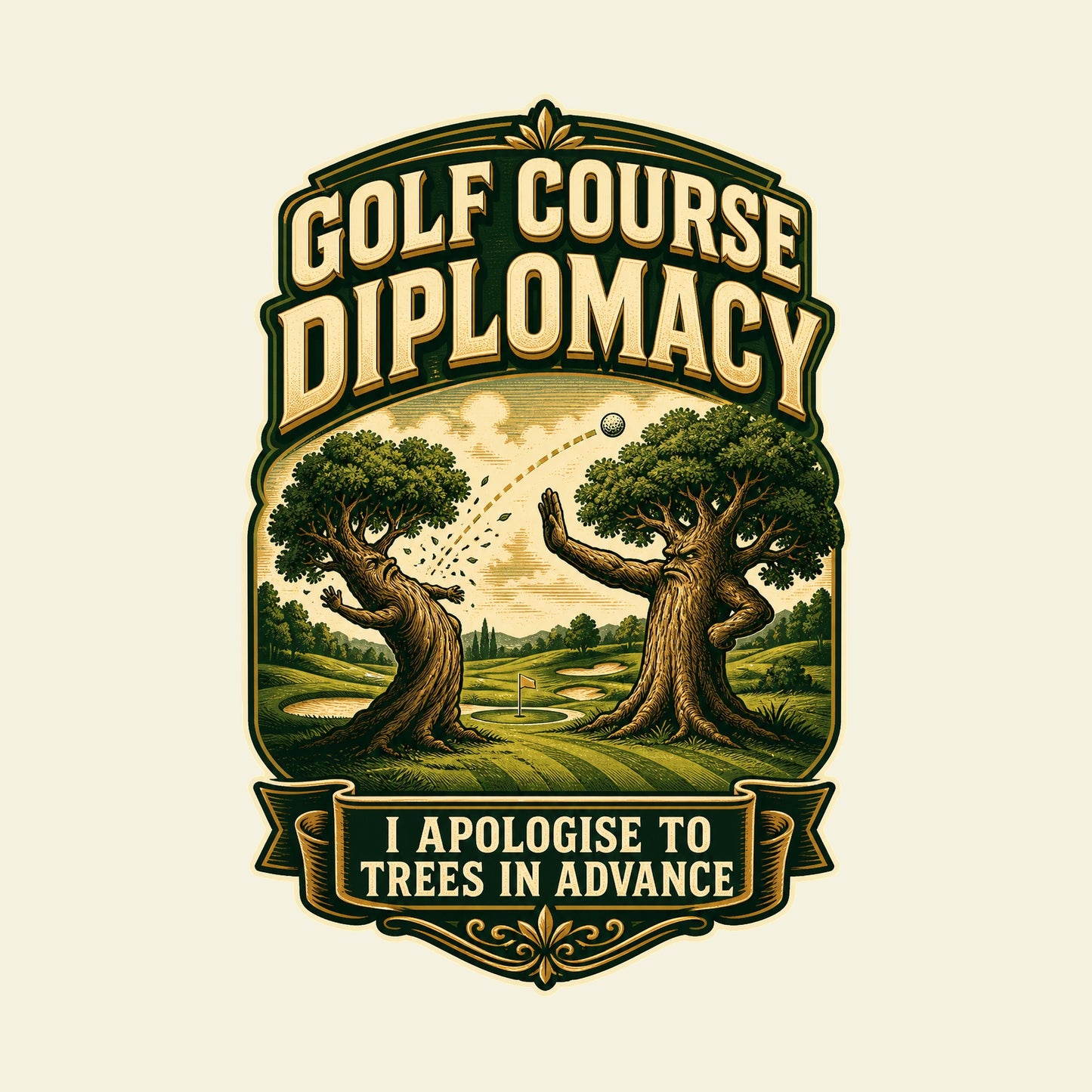 GOLF COURSE DIPLOMACY I APOLOGISE TO TREES IN ADVANCE funny golf T-shirt artwork