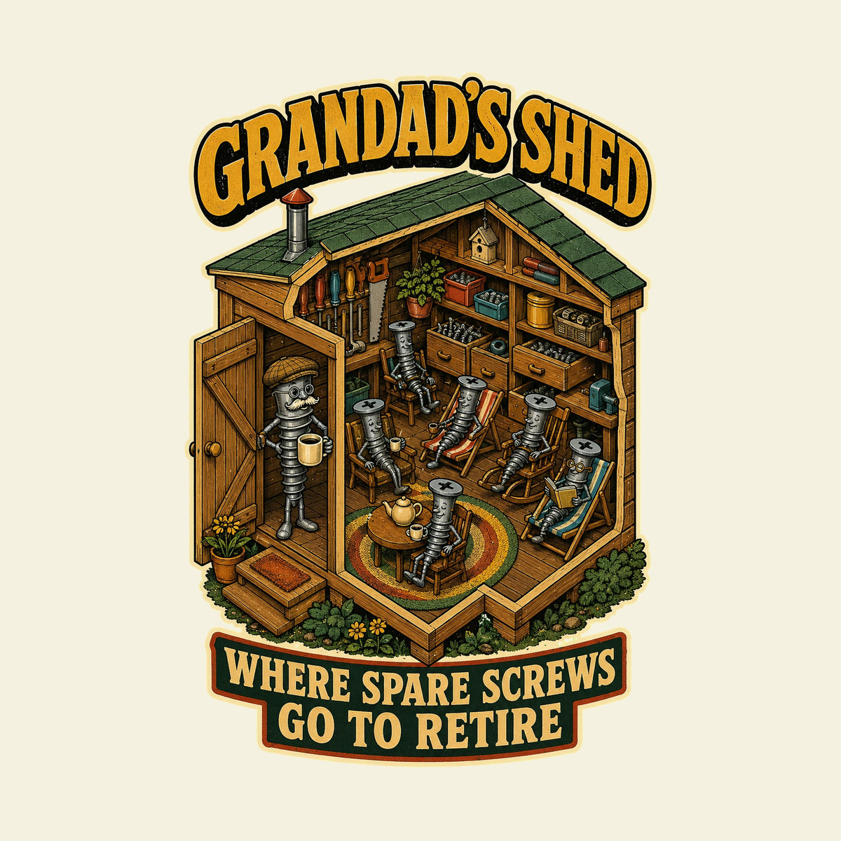 GRANDAD'S SHED WHERE SPARE SCREWS GO TO RETIRE funny grandad T-shirt artwork