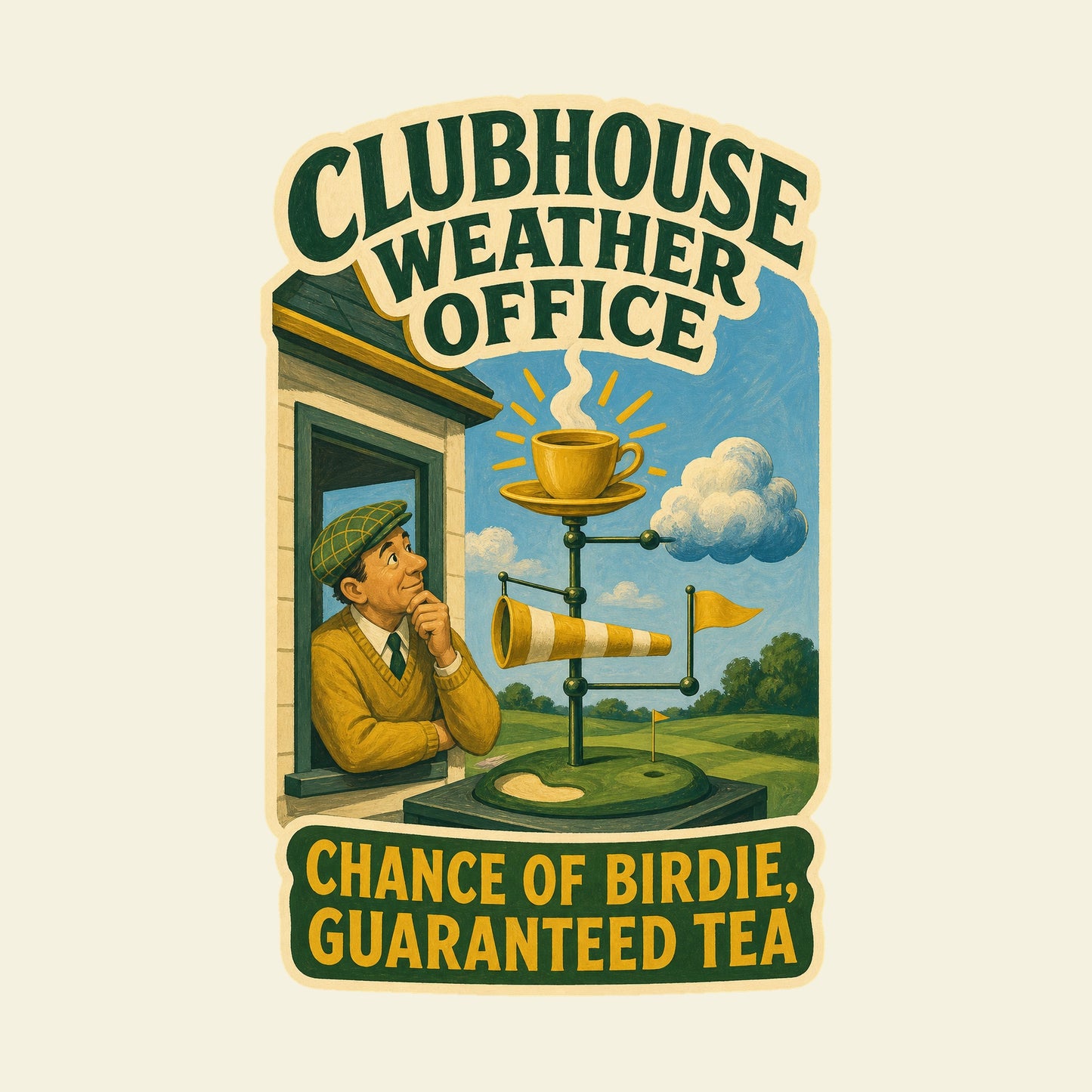 CLUBHOUSE WEATHER OFFICE CHANCE OF BIRDIE, GUARANTEED TEA funny golf T-shirt artwork
