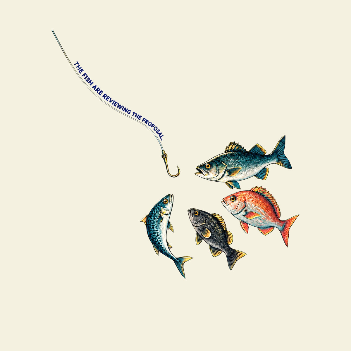 THE FISH ARE REVIEWING THE PROPOSAL. funny fishing T-shirt artwork