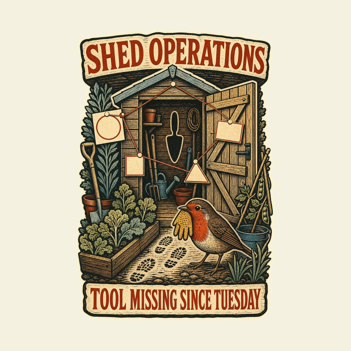 SHED OPERATIONS TOOL MISSING SINCE TUESDAY funny gardening T-shirt artwork