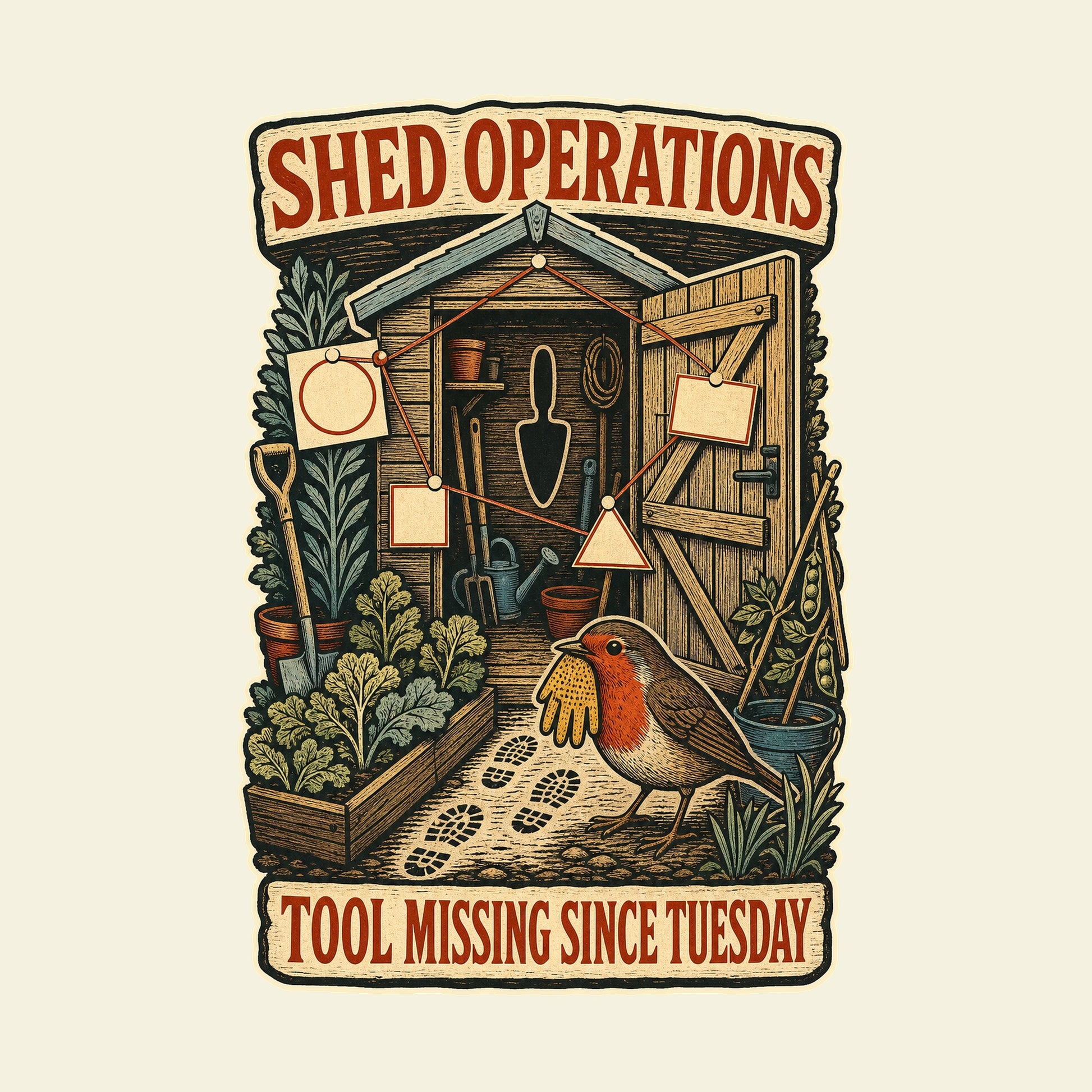 SHED OPERATIONS TOOL MISSING SINCE TUESDAY funny gardening T-shirt artwork