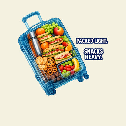 PACKED LIGHT. SNACKS HEAVY. funny travel T-shirt artwork