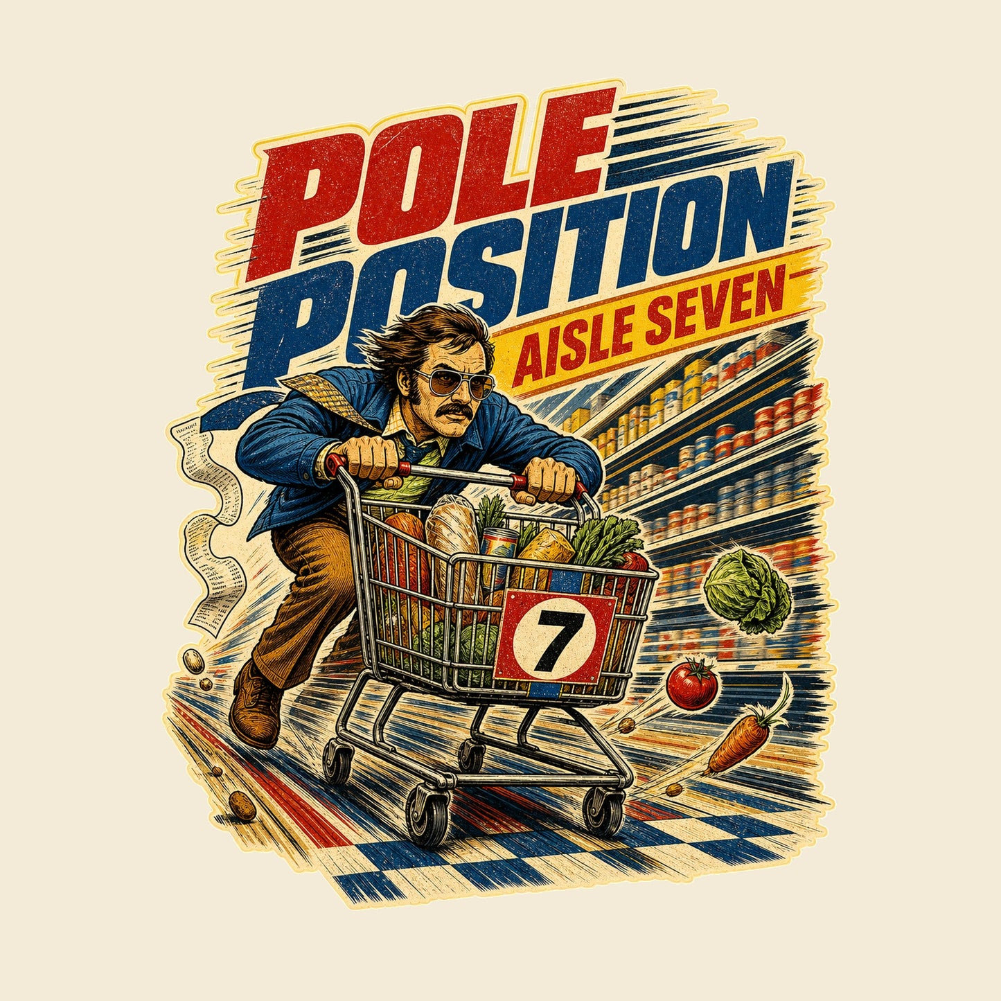POLE POSITION AISLE SEVEN funny shopping T-shirt artwork
