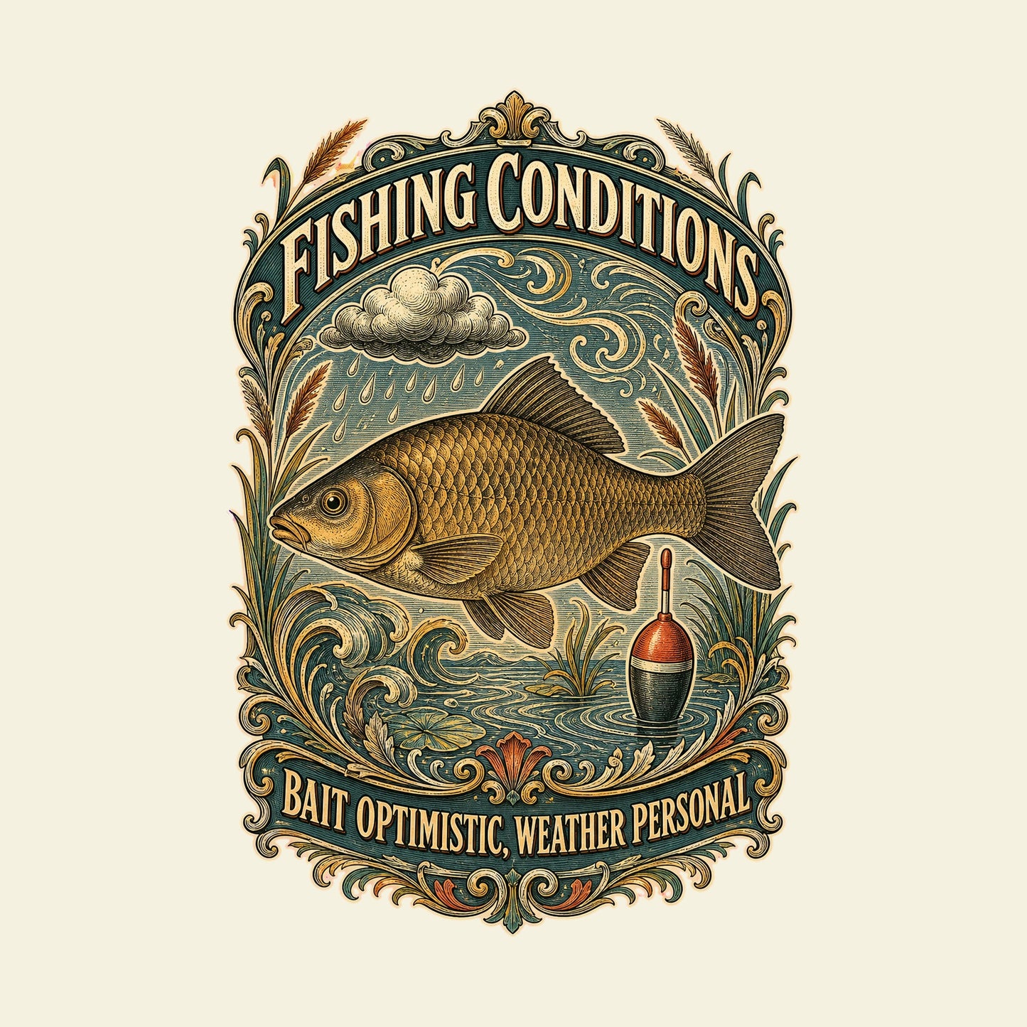 FISHING CONDITIONS BAIT OPTIMISTIC, WEATHER PERSONAL funny fishing T-shirt artwork