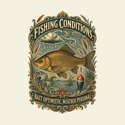 FISHING CONDITIONS BAIT OPTIMISTIC, WEATHER PERSONAL funny fishing T-shirt artwork